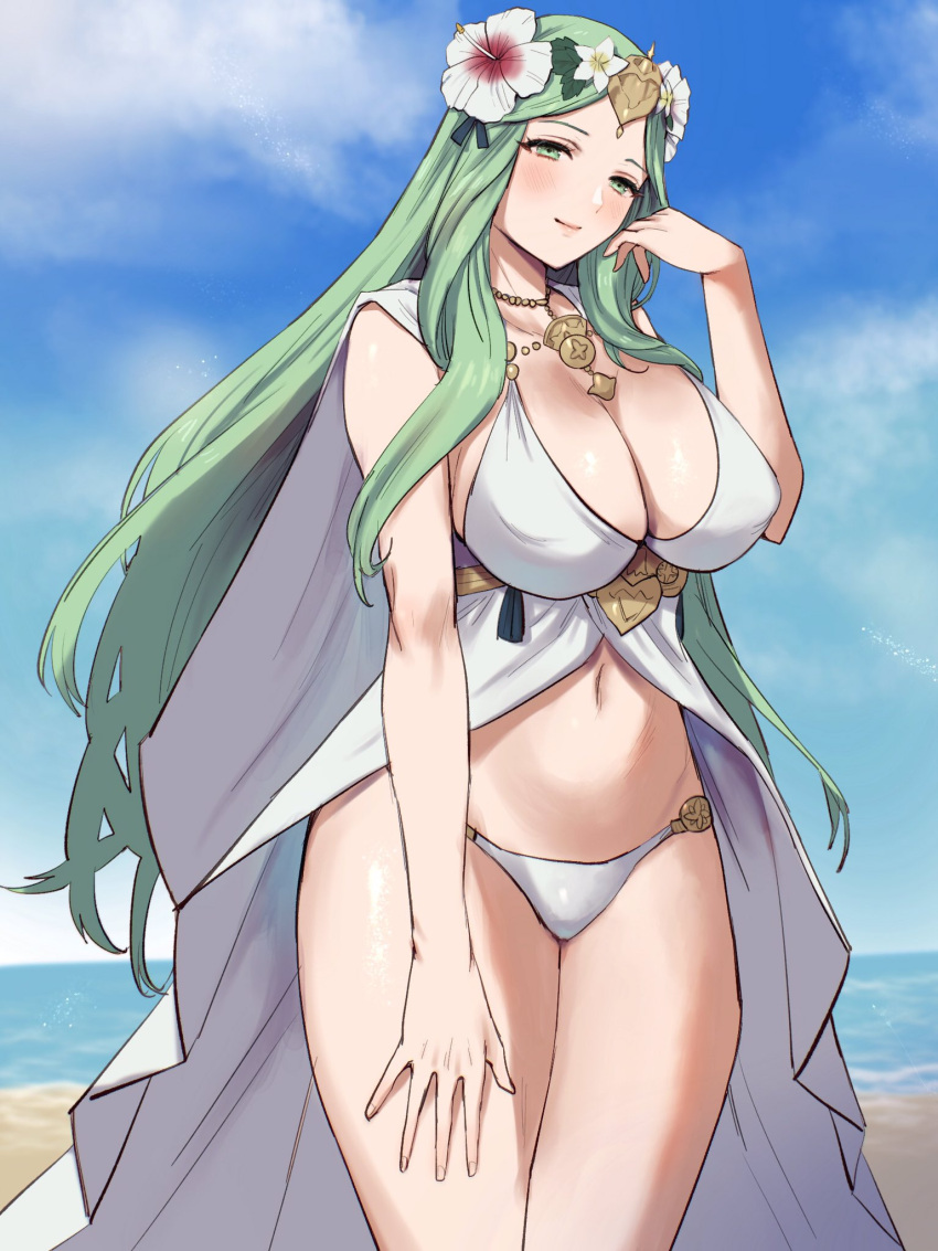 1girl 1girl 1girl alluring alternate_costume beach big_breasts bikini blue_sky cleavage cloak closed_mouth cloud cowboy_shot curvy day female_only fire_emblem fire_emblem:_three_houses fire_emblem_heroes flower gold_necklace green_eyes green_hair hair_flower hair_ornament hand_up head_wreath high_res jewelry long_hair looking_at_viewer navel necklace nintendo ocean official_alternate_costume outside rhea_(fire_emblem) rhea_(summer)_(fire_emblem) sky smile stomach swimsuit very_long_hair white_bikini white_cloak white_swimsuit yamamori_kinako