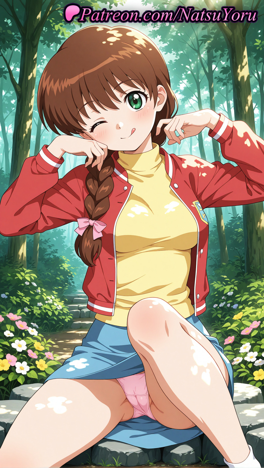 1girl 1girl 1girls 2025 ai ai_assisted ai_generated anime anime_style bangs big_breasts blue_skirt blush bow braid braided_ponytail breasts brown_hair bush bust cameltoe closed_mouth crotch_seam dappled_sunlight day denim_skirt feet_out_of_frame female_focus female_only flower forest gakkou_no_kaidan gakkou_no_kaidan_(anime) ghost_stories grass green_eyes hair_bow hair_over_shoulder hair_ribbon hands_up happy_birthday head_tilt hentai high_quality high_res high_res high_resolution jacket knee_up long_hair long_sleeves looking_at_viewer medium_breasts miniskirt miyanoshita_satsuki natsuyoru nature one_eye_closed open_clothes open_jacket outside panties panties pantyshot patreon pink_bow pink_flower pink_panties pink_ribbon red_hair red_jacket ribbon rock satsuki_miyanoshita shiny_hair shirt single_braid sitting skirt smile socks solo_female stable_diffusion stairs sunlight sweater tongue tongue_out tree turtleneck twin_braids underwear upskirt voluptuous voluptuous_female white_flower white_socks yellow_flower yellow_shirt