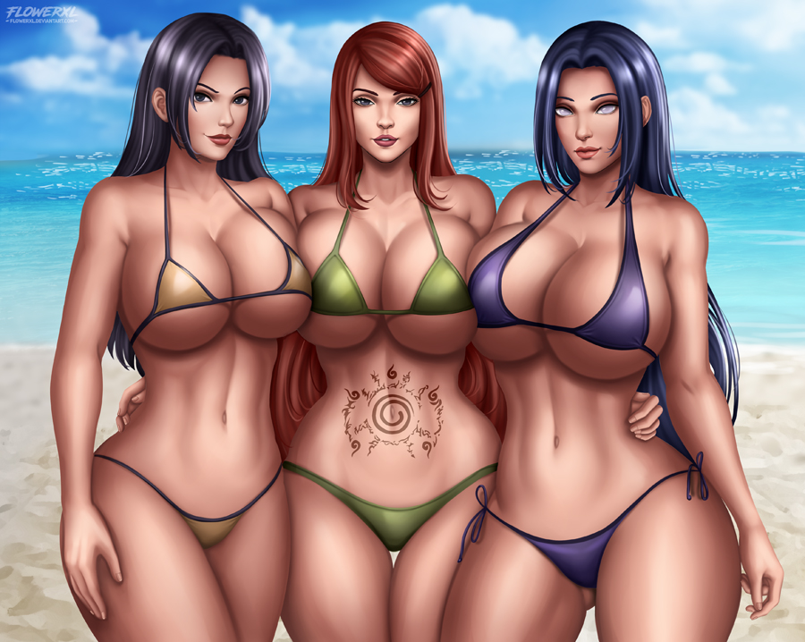 1girl 3_girls 3milfs abdomen alluring athletic_female big_breasts big_breasts bikini cleavage female_only flowerxl hair_down harem hinata_hyuuga kushina_uzumaki long_hair looking_at_viewer mikoto_uchiha milf milfs naruto naruto_shippuden stomach_tattoo swimsuit tattoo uchiha_mikoto uzumaki_kushina