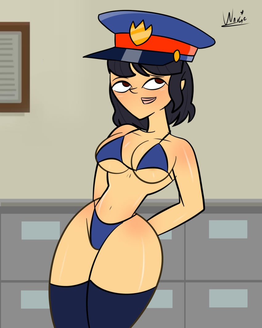 1girl big_breasts bikini blue_hair bra disventure_camp female_only hat long_socks lucia_(disventure_camp) medium_hair office police police_hat thong unknown_artist