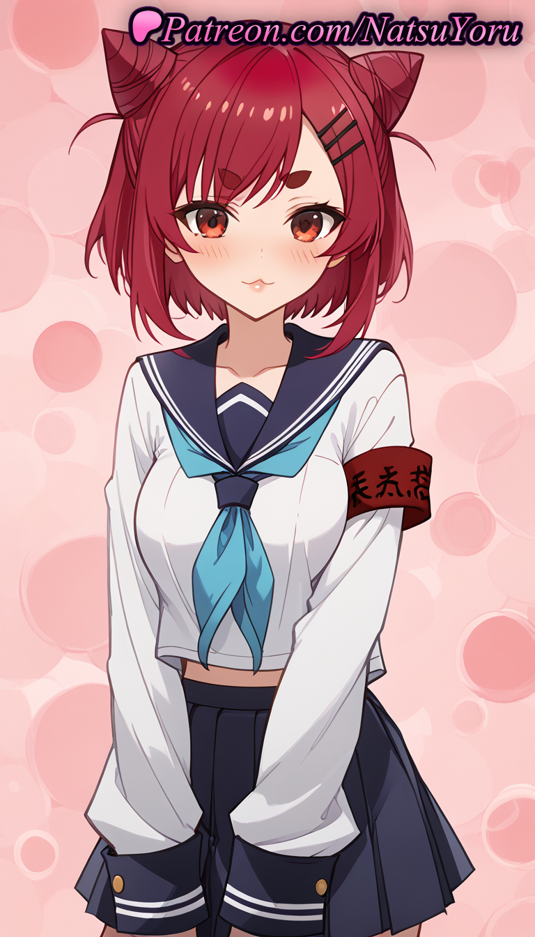 2025 ai_generated anime anime_style armband bangs big_breasts black_sailor_collar black_skirt blue_neckerchief blue_sailor_collar blue_skirt blush breasts bust closed_mouth collarbone cone_hair_bun cowboy_shot double_bun female_focus hair_bun hair_clips hair_ornament hairclip hentai high_quality high_res high_resolution long_sleeves looking_at_viewer medium_breasts midriff midriff_peek my_deer_friend_nokotan natsuyoru navel neckerchief nekoyamada_neko patreon pink_background pleated_skirt red_eyes red_hair safety_pin sailor_collar sailor_uniform school_uniform serafuku shikanoko_nokonoko_koshitantan shirt short_eyebrows short_hair skirt sleeves_past_wrists smile stable_diffusion standing thick_eyebrows voluptuous voluptuous_female white_shirt