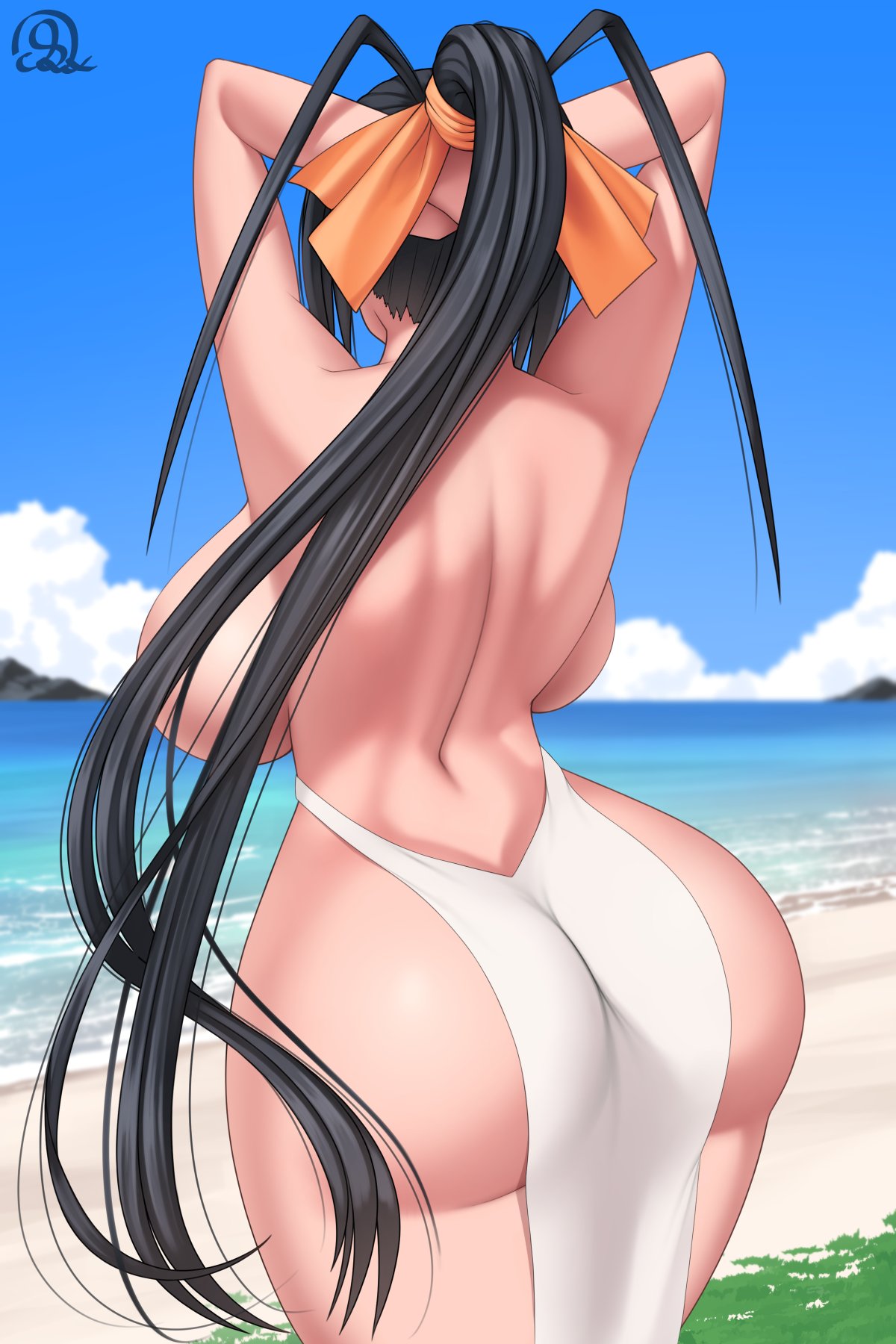 1girl akeno_himejima ass ass_focus beach big_breasts breasts female_focus female_only high_school_dxd large_ass light-skinned_female light_skin long_hair looking_away rocky-ace thighs