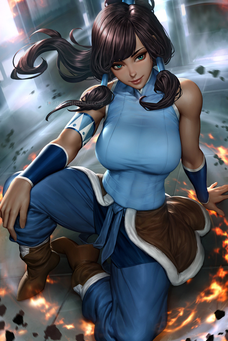 1girl aqua_eyes arm_support avatar:_the_last_airbender bare_shoulders big_breasts boots breasts brown_boots brown_footwear brown_hair closed_mouth dark-skinned_female dark_skin female_only female_solo footwear indoors korra lips lipstick long_hair looking_at_viewer makeup neoartcore nickelodeon on_floor ponytail sitting sitting_on_floor sleeveless smile the_last_airbender:_the_legend_of_korra tied_hair water_tribe