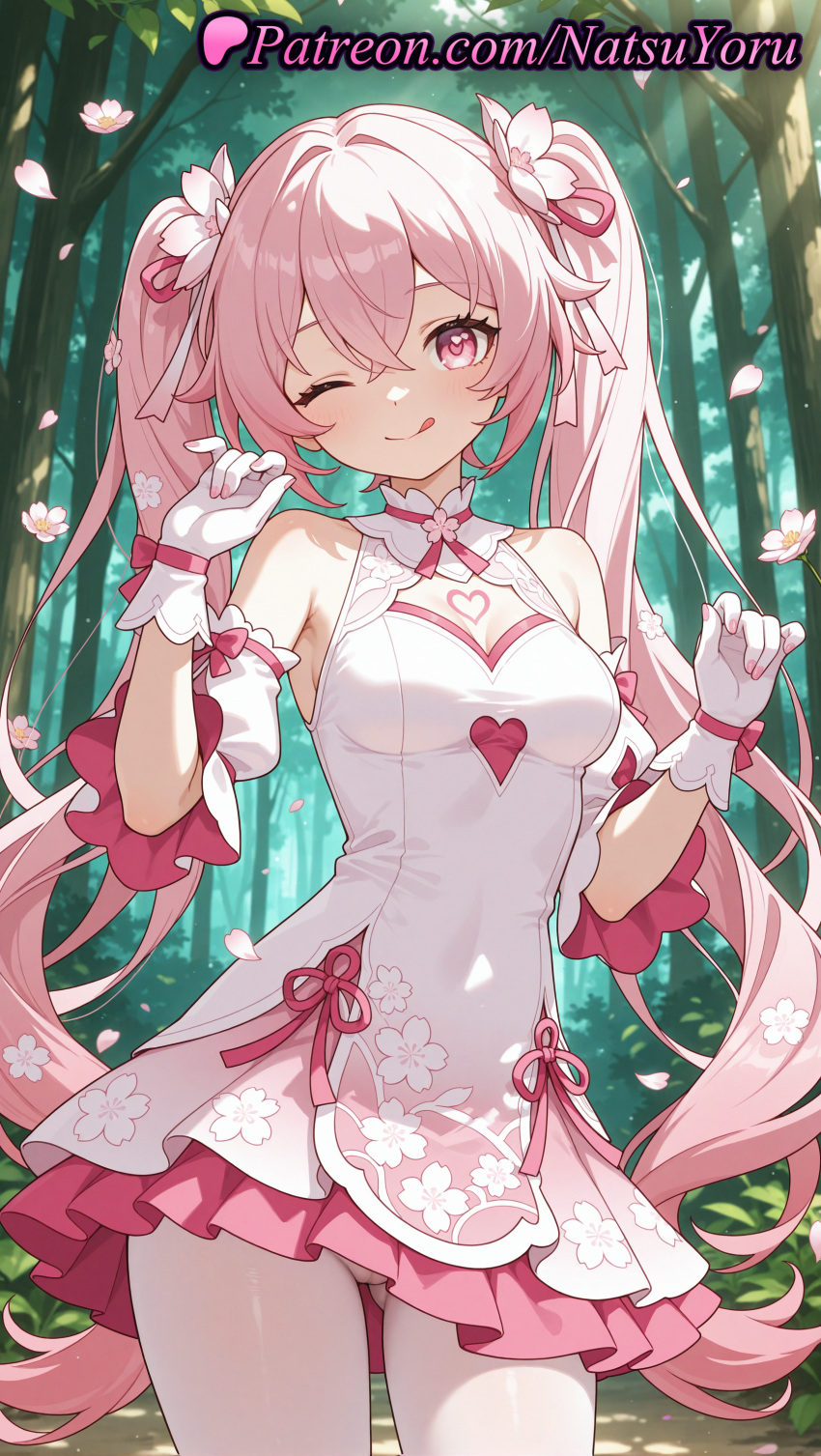 2025 ai_generated anime anime_style ass_visible_through_thighs bangs bare_shoulders big_breasts blush breasts bust cherry_blossoms cleavage cleavage_cutout closed_mouth clothing_cutout covered_navel cowboy_shot day detached_sleeves dress female_focus floral_print flower flowers forest frilled_dress frilled_skirt frills gloves hair_between_eyes hair_bow hair_flower hair_ornament hair_ribbon hair_ribbons hands_up heart heart-shaped_pupils heart_cutout hentai high_quality high_res high_resolution hololive hololive_gamers hololive_gen_0 hololive_gen_1 hololive_japan long_hair looking_at_viewer medium_breasts natsuyoru nature one_eye_closed outside pantyhose patreon petals pink_dress pink_eyes pink_hair pink_ribbon pink_skirt puffy_short_sleeves puffy_sleeves ribbon sakura_miko short_dress short_sleeves sleeveless sleeveless_dress small_breasts smile stable_diffusion standing symbol-shaped_pupils tongue tongue_out tree twin_tails very_long_hair voluptuous voluptuous_female white_dress white_gloves white_legwear white_pantyhose white_sleeves