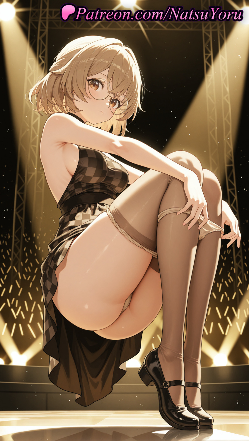 ai_generated anime anime_style asian ass audience bangs bare_arms bare_shoulders big_breasts black_dress black_footwear blonde_hair blush breasts brown_dress brown_eyes brown_hair brown_pantyhose brown_thighhighs bust checkered_dress closed_mouth clothes_pull dress female_focus female_solo full_body glasses glowstick halter_dress hentai high_heels high_quality high_res high_resolution juicy_butt kichijouji_yoriko knees_up legs looking_at_viewer mary_janes medium_breasts natsuyoru oshi_no_ko panties panties_down panty_pull pantyhose pantyhose_pull pantyshot patreon plaid plaid_dress pulled_by_self round_eyewear shoes short_hair sideboob sitting sleeveless sleeveless_dress spotlight squatting stage stage_lights stockings thighs underwear voluptuous voluptuous_female white_panties yellow_eyes