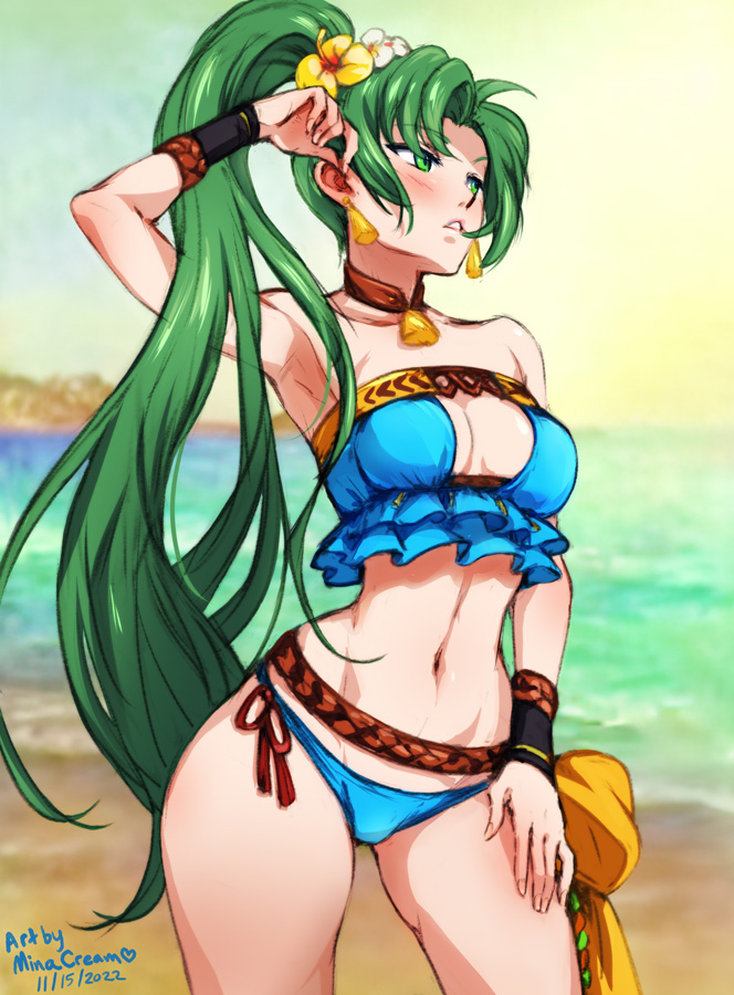 1girl alternate_costume arm_up armpits artist_name asymmetrical_bangs bangs bare_legs bare_shoulders beach bikini blue_bikini blue_swimsuit blush breasts cleavage cleavage_cutout collarbone cutout dated day earrings expressionless eyebrows_visible_through_hair female_only female_solo fire_emblem fire_emblem_blazing_sword fire_emblem_heroes flower frilled_bikini frilled_swimsuit frills green_eyes green_hair hair_flower hair_ornament half-closed_eyes high_ponytail jewelry legs long_hair looking_to_the_side lyn lyn_(fire_emblem) lyndis lyndis_(fire_emblem) medium_breasts midriff mina_cream navel neck necklace nintendo nipples ocean official_alternate_costume outside parted_lips ponytail sand serious standing strapless strapless_bikini strapless_swimsuit summer_lyn summer_lyndis swimsuit thick_thighs thighs tied_hair very_long_hair water white_flower yellow_flower