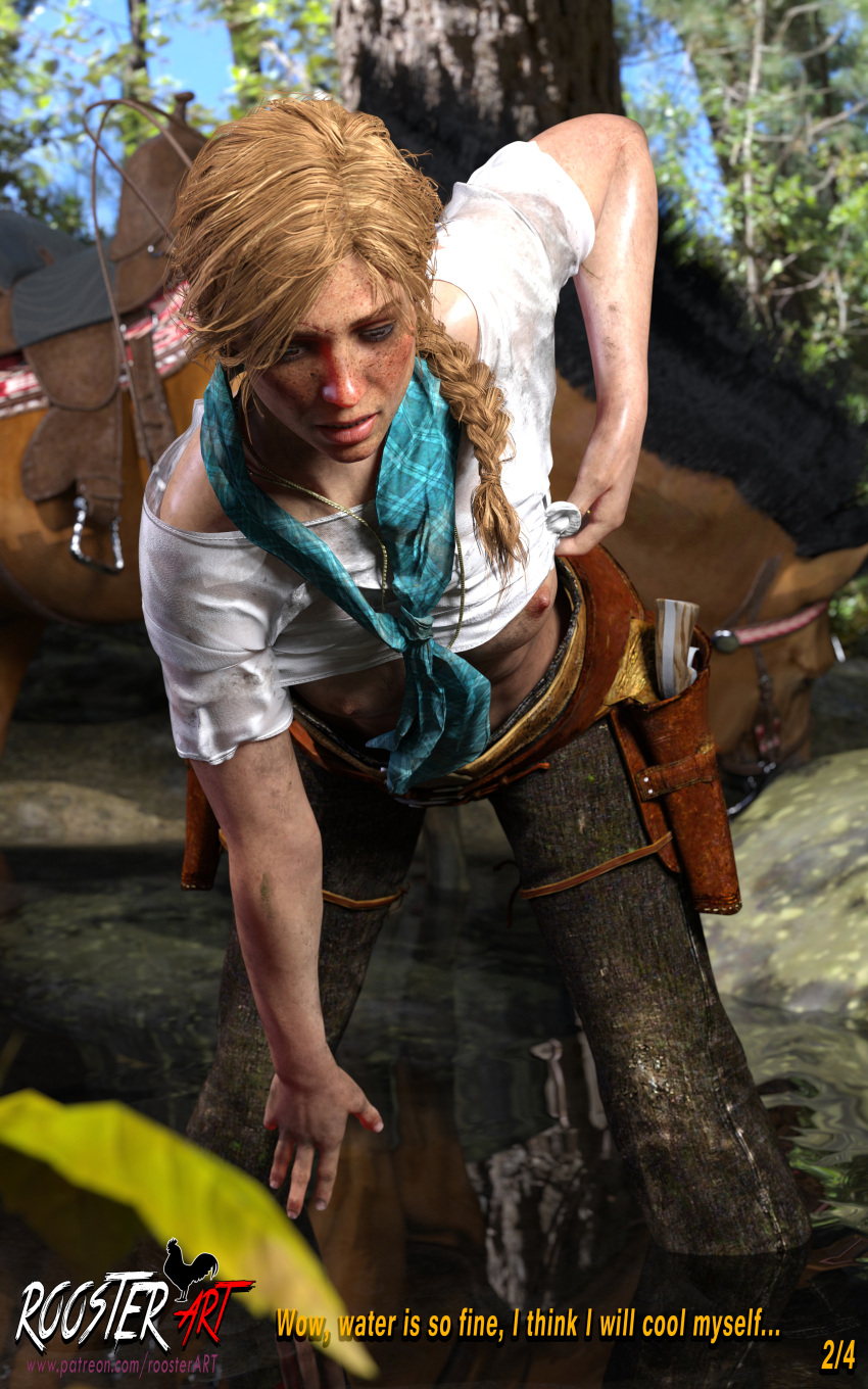 10:16 1girl 3d 3d_(artwork) 4k blonde blonde_hair braid breasts cowgirl dirty_clothes dirty_face dirty_skin erect_nipples female_focus female_only forest freckles freckles_on_face horse in_water medium_breasts nipples partially_submerged patreon patreon_username red_dead_redemption_(series) roosterart sadie_adler shirt shirt_lift solo_female solo_focus trees western woods