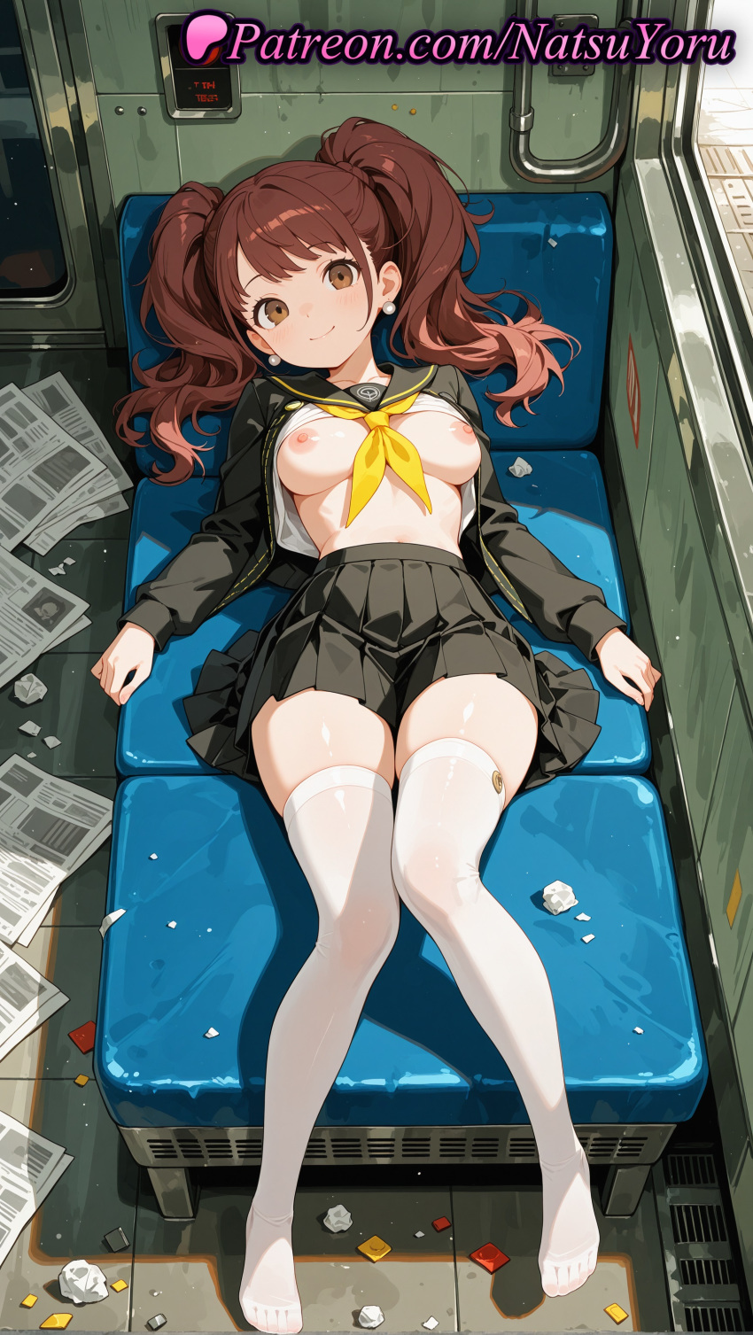 1girl 1girl 1girls 2025 ai ai_assisted ai_generated anime anime_style bangs big_breasts big_breasts black_jacket black_sailor_collar black_serafuku black_shirt black_skirt blush breasts breasts_out brown_eyes brown_hair bust closed_mouth clothes_lift earrings feet female_focus female_only foot_fetish from_above full_body hentai high_quality high_res high_res high_resolution jacket jewelry knees_together_feet_apart kujikawa_rise kujikawa_rise_(cosplay) legs long_hair long_sleeves looking_at_viewer lying medium_breasts miniskirt natsuyoru navel neckerchief newspaper nipples nipples_outside no_bra no_shoes on_back open_clothes open_jacket patreon persona persona_4 pleated_skirt sailor_collar sailor_uniform school_uniform serafuku shirt shirt_lift sitting skindentation skirt smile solo_female stable_diffusion stockings stud_earrings thighs toes train_interior twin_tails uncensored_nipples voluptuous voluptuous_female white_shirt white_thighhighs yasogami_school_uniform yellow_neckerchief zettai_ryouiki
