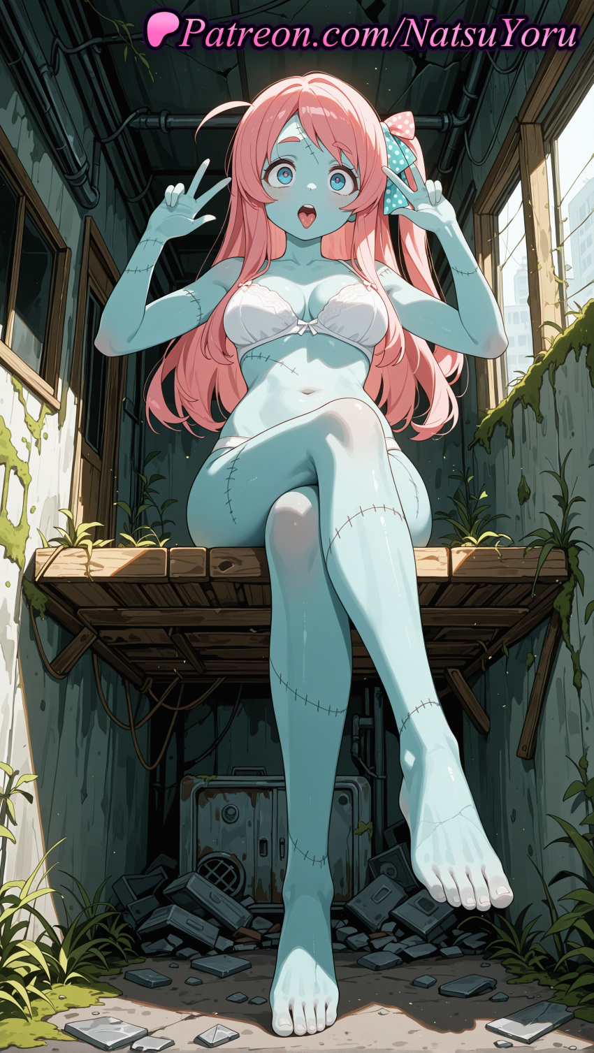 1girl 1girl 1girls 2025 ahoge ai ai_assisted ai_generated air_conditioner anime anime_style asian bangs bare_legs barefoot big_breasts big_breasts blue_eyes blue_skin blush body_paint bow bow_bra bra breasts breasts_apart broken_glass broken_window bust cleavage collarbone colored_skin crossed_legs double_v double_w feet female_focus female_only foot_fetish from_below full_body hair_bow hair_ribbon hands_up heart hentai high_quality high_res high_res high_resolution indoors legs long_hair looking_at_viewer medium_breasts minamoto_sakura natsuyoru navel one_side_up open_mouth overgrown panties panties patchwork_skin patreon pink_hair plant polka_dot polka_dot_bow polka_dot_ribbon red_hair ribbon ruins scar scar_on_face scar_on_forehead side_ponytail sitting solo_female stable_diffusion stitches stomach swimsuit symbol-shaped_pupils teeth toenails toes tongue tongue_out underwear underwear_only upper_teeth_only voluptuous voluptuous_female w white_bra white_panties window zombie zombie_land_saga