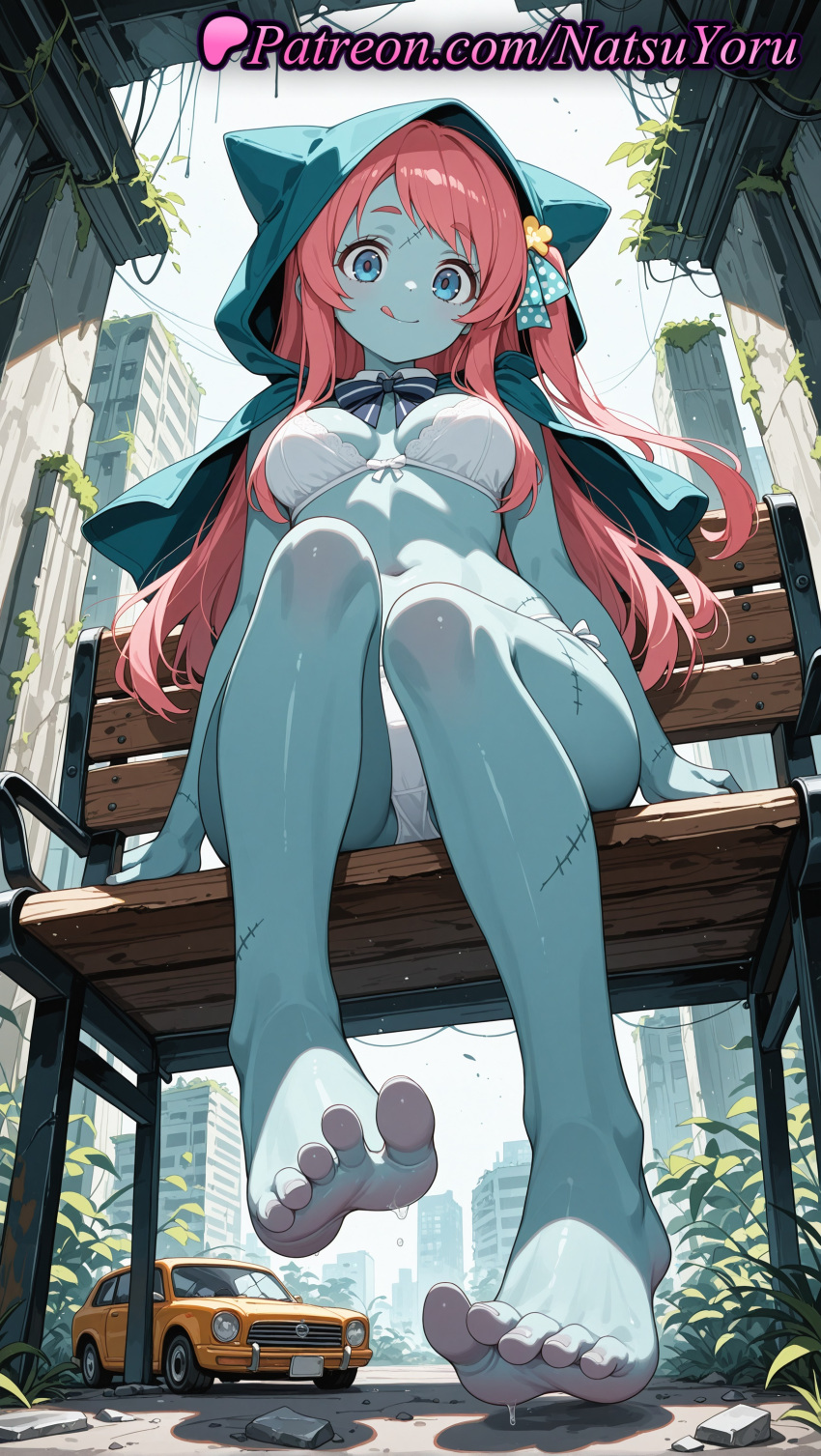 1girl 1girl 1girls 2025 ai ai_assisted ai_generated animal_hood anime anime_style asian bangs barefoot bench big_breasts bikini blue_eyes blue_skin blush body_paint bow bowtie bra breasts broken_window building bust capelet car cleavage closed_mouth colored_skin day feet female_focus female_only foot_fetish foot_focus foreshortening from_below full_body giant giantess ground_vehicle hair_ornament hair_ribbon hentai high_quality high_res high_res high_resolution hood hood_up hooded_capelet legs licking_lips long_hair looking_at_viewer medium_breasts minamoto_sakura motor_vehicle natsuyoru navel non-asian on_vehicle one_side_up outside overgrown panties panties patreon pink_hair polka_dot polka_dot_bow post-apocalypse pov_feet presenting_foot red_hair ribbon ruins scar scar_on_face scar_on_forehead sitting smile soles solo_female stable_diffusion stitches swimsuit thighs toenail_polish toenails toes tongue tongue_out underwear voluptuous voluptuous_female wet white_bikini white_bra white_panties zombie zombie_land_saga