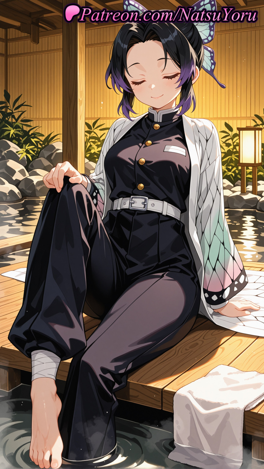 1girl 1girl 1girls 2025 ai ai_assisted ai_generated anime anime_style arm_support asian bangs barefoot belt big_breasts big_breasts black_hair black_jacket black_pants blush breasts buckle bug bust butterfly_hair_ornament butterfly_print buttons caucasian closed_eyes closed_eyes closed_mouth clothing demon_slayer demon_slayer_uniform feet female_focus female_only foot_fetish foot_out_of_frame forehead gradient_hair hair_ornament hand_on_own_knee haori hentai high_quality high_res high_res high_resolution huge_breasts jacket japanese_clothes kimetsu_no_yaiba knee_up kochou_shinobu lantern light-skinned_female long_sleeves medium_breasts multi-colored_hair multicolored_hair natsuyoru non-asian onsen outside pants parted_bangs patreon purple_hair rock short_hair sidelocks sitting smile soaking_feet solo_female stable_diffusion thighs toenails toes towel two-tone_hair voluptuous voluptuous_female wafuku water wet white_belt wide_sleeves