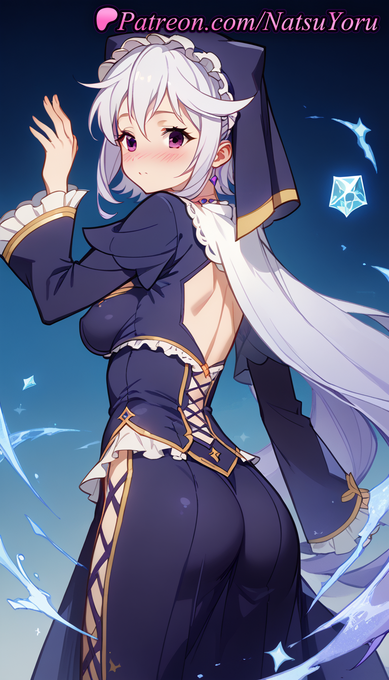1girl 2025 ai_generated anime anime_style asian ass back back_cutout backless_dress backless_outfit bangs big_breasts black_dress blue_background blush breasts bust closed_mouth clothing_cutout cowboy_shot cross-laced_clothes dress earrings eris_(konosuba) female_focus female_only female_solo frilled_sleeves frills from_behind goddess gradient gradient_background habit hair_between_eyes hand_up hentai high_quality high_res high_resolution jewelry juicy_butt juliet_sleeves kono_subarashii_sekai_ni_shukufuku_wo! long_hair long_sleeves looking_at_viewer looking_back medium_breasts natsuyoru nun patreon puffy_sleeves purple_dress purple_eyes purple_hair side_slit sideboob skirt solo_female stable_diffusion standing veil very_long_hair voluptuous voluptuous_female water white_hair wide_sleeves