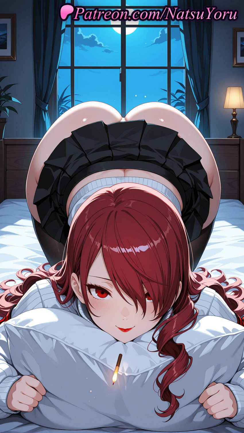 1girl 1girl 1girls 2025 ai ai_assisted ai_generated all_fours anime anime_style ass ass atlus bangs bed bedroom big_breasts black_skirt black_thighhighs blush bust cigarette closed_mouth clothes_lift curtains drill_hair female_focus female_only full_moon hair_over_one_eye hentai high_quality high_res high_res high_resolution huge_ass indoors juicy_butt kirijou_mitsuru lamp large_ass lips lipstick long_hair long_sleeves looking_at_viewer makeup miniskirt moon natsuyoru night night_sky no_panties on_bed panties patreon persona persona_3 persona_3_reload pillow pillow_grab pillow_hug plant pleated_skirt red_eyes red_hair red_lips school_uniform skirt skirt_lift sky smile solo_female stable_diffusion stockings sweater thighs thong top-down_bottom-up underwear voluptuous voluptuous_female white_panties white_sweater window