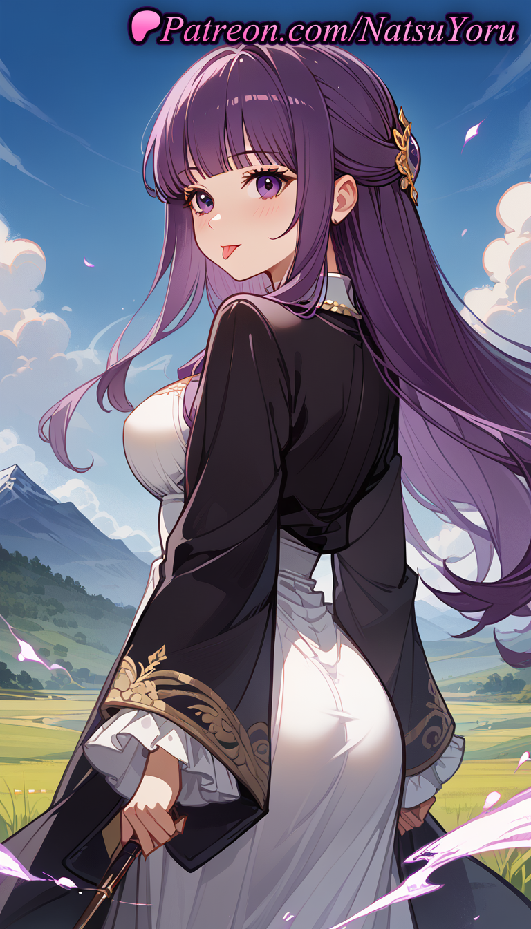 1girl 2025 ai_assisted ai_generated anime anime_style ass bangs big_breasts black_coat black_jacket black_robe blue_sky blunt_bangs blush breasts bust clothing cloud cut_bangs day dress female_focus female_only female_solo fern_(sousou_no_frieren) frilled_sleeves frills from_behind hair_ornament hentai high_quality high_res high_resolution holding jewelry juicy_butt large_ass light-skinned_female lips long_dress long_hair long_sleeves looking_at_viewer looking_back makeup medium_breasts mountain natsuyoru outside patreon petals purple_eyes purple_hair purple_pupils sidelocks sky solo_female sousou_no_frieren stable_diffusion standing straight_hair thick_thighs tied_hair tongue tongue_out voluptuous voluptuous_female white_dress wide_sleeves