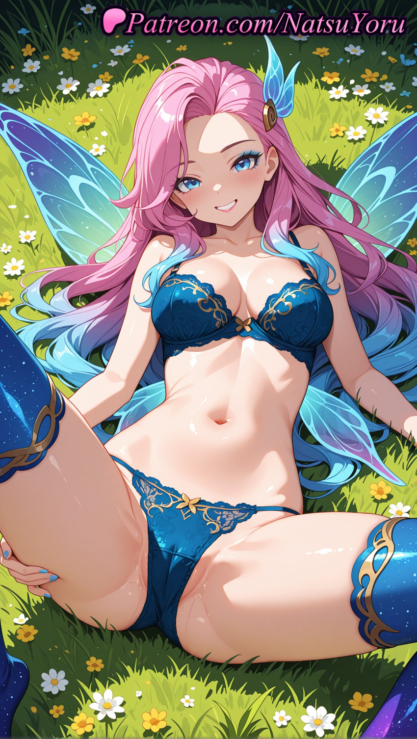 1girl 1girl 1girls 2025 ai ai_assisted ai_generated anime anime_style artist_name bare_arms bare_shoulders big_breasts big_breasts blue_bra blue_eyes blue_eyeshadow blue_hair blue_nails blue_panties blue_thighhighs blue_wings blush bra breasts bust cameltoe cleavage collarbone eyeshadow fairy fairy_wings female_focus female_only flower forehead gradient_hair grass grin hair_ornament hentai high_quality high_res high_res high_resolution lace-trimmed_bra league_of_legends league_of_legends:_wild_rift lingerie lipstick long_hair looking_at_viewer lying makeup medium_breasts multicolored_hair nail_polish natsuyoru navel on_back on_grass outside panties partially_visible_vulva patreon pink_hair plant riot_games seraphine_(league_of_legends) smile solo_female spread_legs stable_diffusion stockings stomach thighs two-tone_hair underwear underwear_only voluptuous voluptuous_female wings