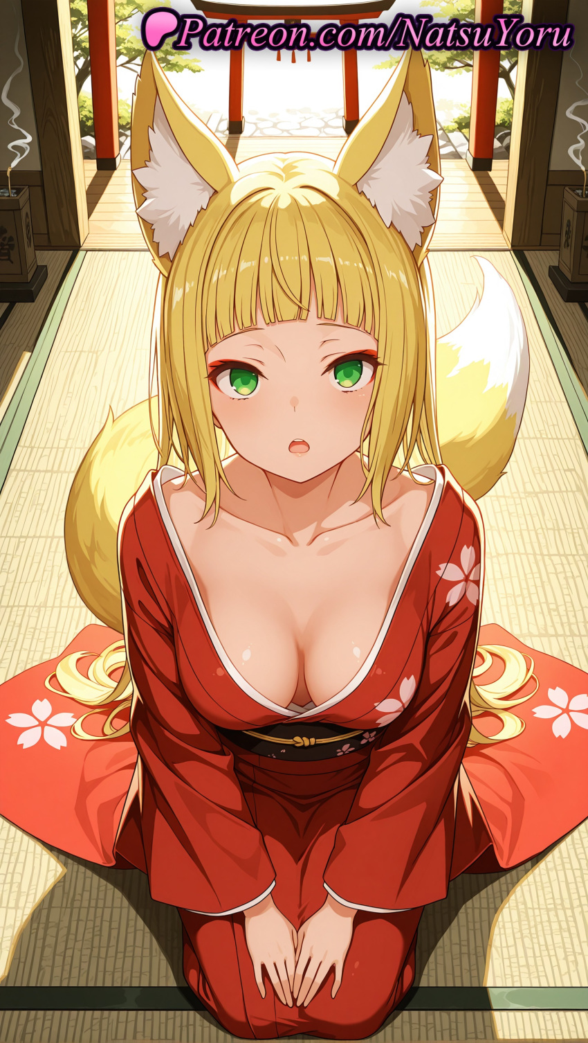 1girl 1girls 2025 ai ai_assisted ai_generated animal_ear_fluff animal_ears anime anime_style asian bangs big_breasts blonde_hair blunt_bangs blush breasts bust cleavage collarbone downblouse dungeon_ni_deai_wo_motomeru_no_wa_machigatteiru_darou_ka eyeshadow fang female_focus female_only floral_print fox_ears fox_girl fox_tail green_eyes haruhime hentai high_quality high_res high_resolution indoors japanese_clothes kimono long_hair long_sleeves looking_at_viewer makeup medium_breasts natsuyoru not_porn obi open_mouth patreon print_kimono red_kimono sanjouno_haruhime sash seiza sitting solo_female stable_diffusion tail tatami torii very_long_hair voluptuous voluptuous_female wafuku wide_sleeves