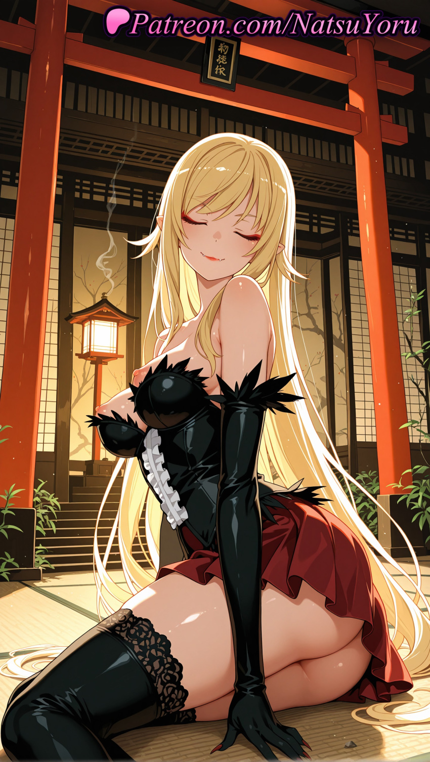 1girl 1girl 1girls 2025 ai ai_assisted ai_generated anime anime_style architecture arm_support ass ass bakemonogatari bangs bare_shoulders big_breasts big_breasts black_gloves black_legwear black_thighhighs blonde_hair breasts bust cleavage closed_eyes closed_eyes closed_mouth dress east_asian_architecture elbow_gloves facing_viewer feather_trim female_focus female_only frills fur_trim gloves hentai high_quality high_res high_res high_resolution indoors juicy_butt kiss-shot_acerola-orion_heart-under-blade lace_trim lantern long_hair makeup medium_breasts miniskirt monogatari_(series) natsuyoru nipples nipples_outside no_panties patreon pleated_skirt pointy_ears red_dress red_nails red_skirt shiny sitting skirt smile smoke solo_female stable_diffusion stockings strapless strapless_dress swept_bangs tatami thighs torii uncensored_nipples vampire very_long_hair voluptuous voluptuous_female yokozuwari