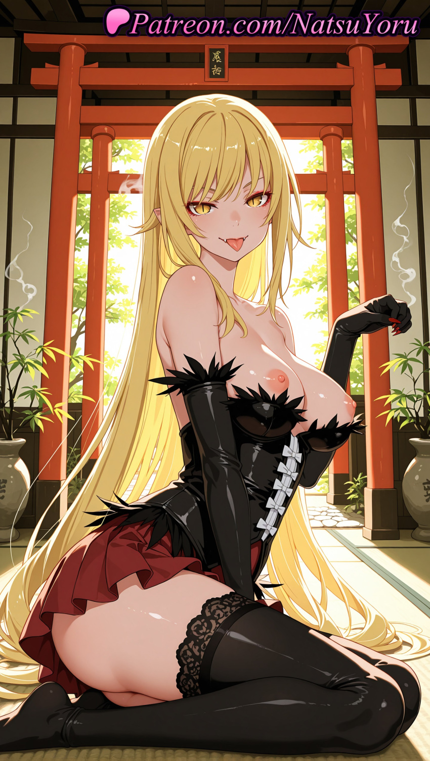 1girl 1girl 1girls 2025 ai ai_assisted ai_generated anime anime_style architecture ass bakemonogatari bangs bare_shoulders big_breasts big_breasts black_corset black_gloves black_legwear black_thighhighs blonde_hair blush breasts breasts_out bust collarbone corset dress east_asian_architecture elbow_gloves fang fangs feather_trim female_focus female_only garter_straps gloves hentai high_quality high_res high_res high_resolution holding indoors juicy_butt kiss-shot_acerola-orion_heart-under-blade lace-trimmed_legwear lace_trim long_hair looking_at_viewer makeup miniskirt monogatari_(series) natsuyoru nipples nipples_outside no_shoes on_floor open_mouth patreon paw_pose plant pleated_skirt pointy_ears potted_plant red_dress red_nails red_skirt shiny shiny_clothes shiny_skin sitting skirt slit_pupils smile smoke solo_female stable_diffusion stockings strapless strapless_dress thighs tongue tongue_out torii uncensored_nipples vampire very_long_hair voluptuous voluptuous_female wariza yellow_eyes
