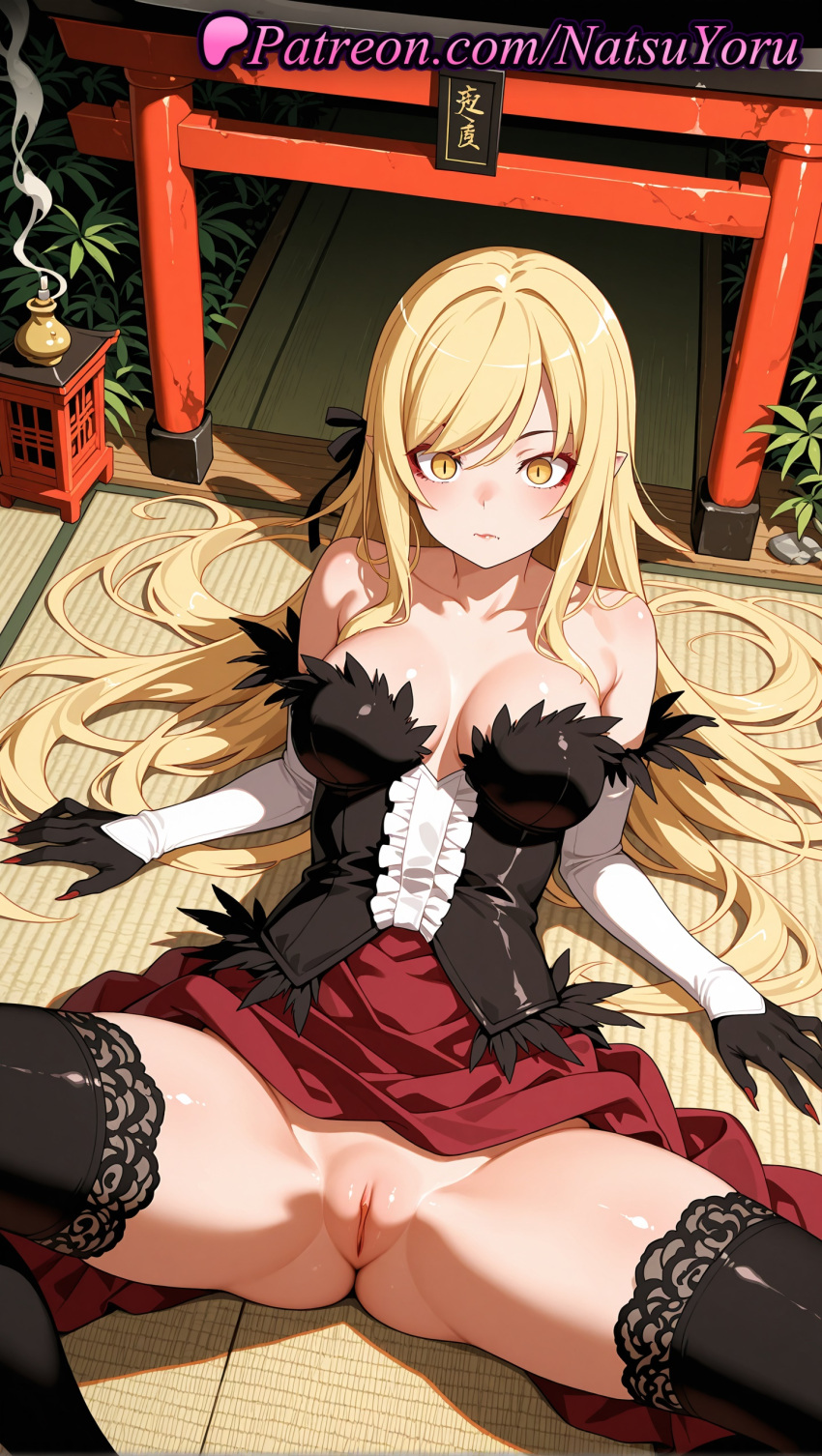 1girl 1girls 2025 ai ai_assisted ai_generated anime anime_style bakemonogatari bangs bare_shoulders big_breasts big_breasts black_gloves black_legwear black_ribbon black_thighhighs blonde_hair blush breasts breasts_apart bust cleavage cleft_of_venus closed_mouth clothes_lift collarbone detached_sleeves dress elbow_gloves feather_trim female_focus female_only gloves hair_ribbon hentai high_quality high_res high_res high_resolution kiss-shot_acerola-orion_heart-under-blade long_hair looking_at_viewer lying medium_breasts monogatari_(series) natsuyoru no_panties non-asian on_back paipan patreon pointed_ears pointy_ears pussy pussy red_dress ribbon sitting skirt slit_pupils solo_female spread_legs stable_diffusion stockings strapless strapless_dress tatami thighs uncensored vampire very_long_hair voluptuous voluptuous_female yellow_eyes