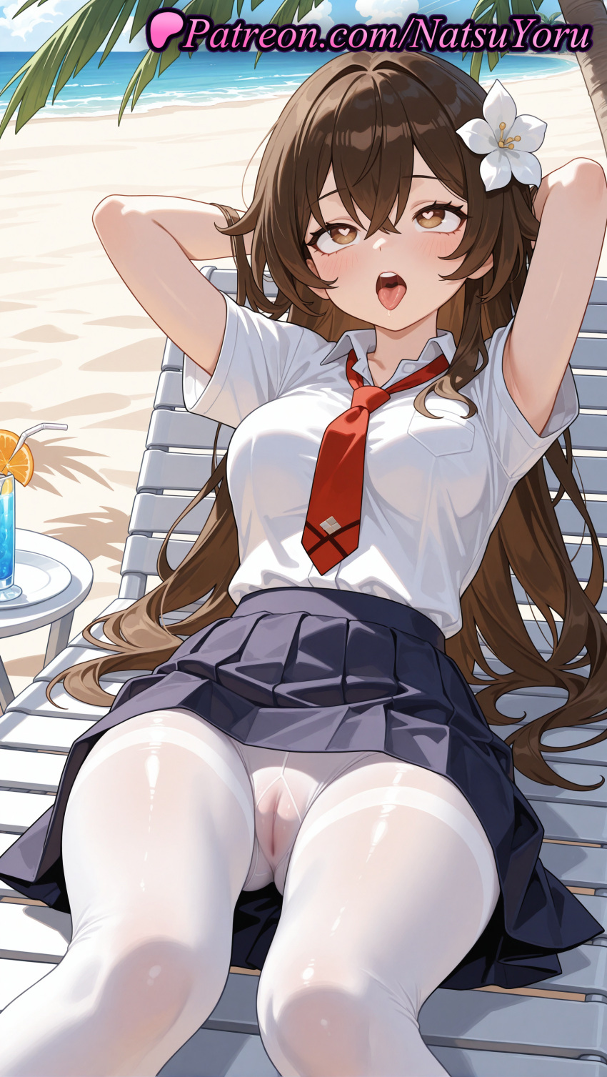 1girl 2025 ahegao ai_generated anime anime_style arms_behind_head arms_up asian bangs beach beach_chair big_breasts black_skirt blouse blue_skirt blush breast_pocket breasts brown_eyes brown_hair bust cameltoe chair clothing collared_shirt crossed_bangs cup day drink drinking_glass drinking_straw feet_out_of_frame female_focus female_only female_solo flower food fruit gusset hair_between_eyes hair_flower hair_ornament heart heart-shaped_pupils hentai high_quality high_res high_resolution long_hair looking_at_viewer lying medium_breasts miniskirt natsuyoru neck_tie no_panties oc ocean on_back open_mouth original original_character outside palm_tree panties panties_under_pantyhose pantyhose patreon pleated_skirt pocket pussy reclining red_necktie sand school_uniform shirt shirt_tucked_in short_sleeves sitting skirt solo_female stable_diffusion symbol-shaped_pupils teeth thighband_pantyhose thighs tie tongue tongue_out tree tropical_drink underwear upper_teeth_only very_long_hair voluptuous voluptuous_female water white_flower white_legwear white_pantyhose white_shirt