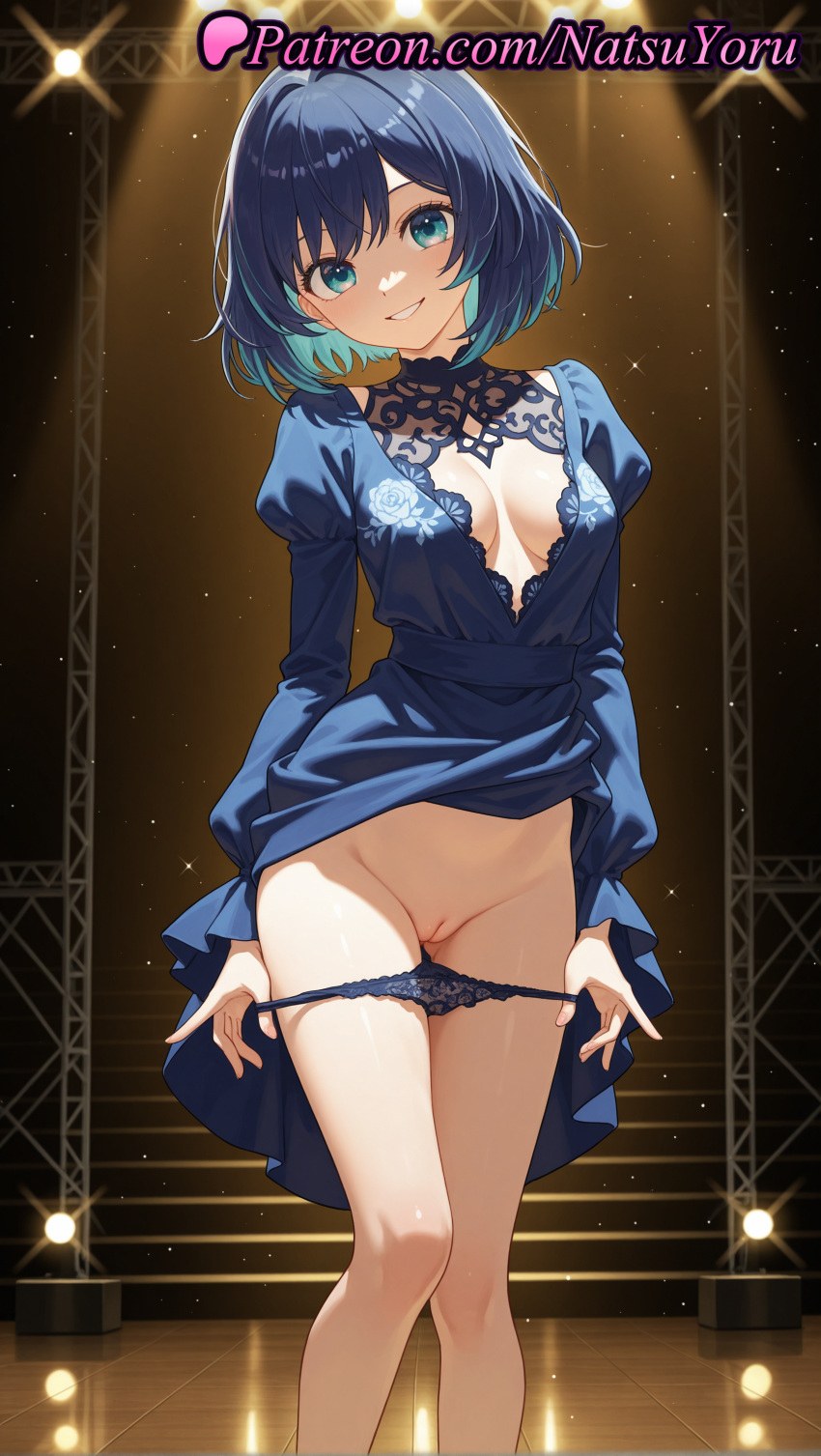 1girl 2025 ai_generated anime anime_style aqua_eyes bangs big_breasts black_panties blue_dress blue_eyes blue_hair blue_panties blush breasts bust cleavage cleavage_cutout cleft_of_venus clothes_lift clothing_cutout colored_inner_hair dress dress_lift feet_out_of_frame female_focus female_only female_solo floral_print grin head_tilt hentai high_quality high_res high_resolution juliet_sleeves knees_together_feet_apart kurokawa_akane lace-trimmed_panties lace_trim lifted_by_self long_sleeves looking_at_viewer medium_breasts medium_hair multicolored_hair natsuyoru oshi_no_ko panties panties_down panty_pull parted_lips patreon plunging_neckline puffy_long_sleeves puffy_sleeves pulled_by_self pussy short_hair smile solo_female spotlight stable_diffusion stage stage_lights stairs standing two-tone_hair uncensored underwear voluptuous voluptuous_female
