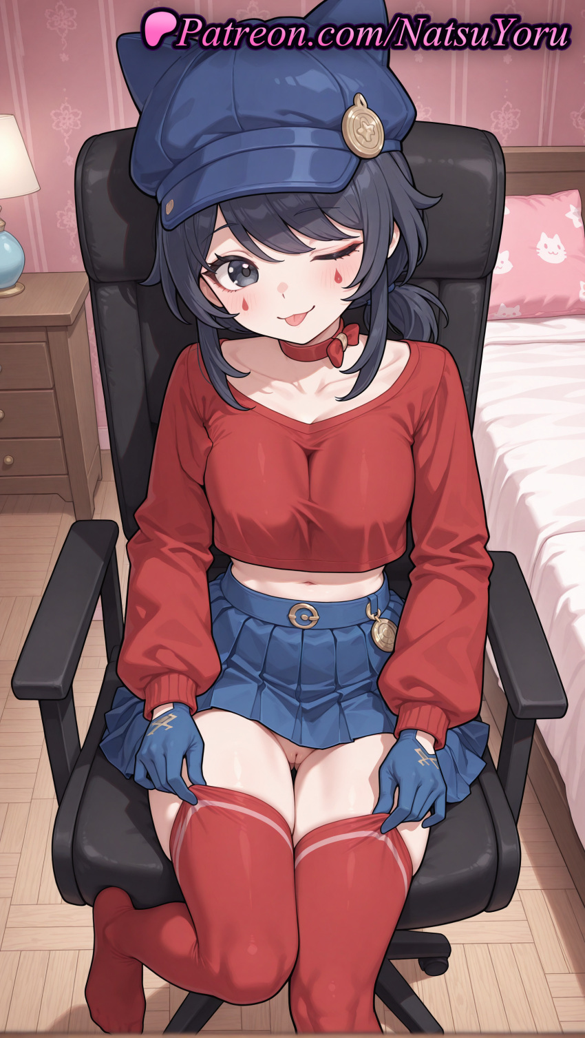 1girl 2025 ai_generated animal_ear_headwear animal_ears animal_hat anime anime_style asian bangs bed bedroom big_breasts black_eyes black_hair blue_eyes blue_gloves blue_headwear blue_skirt blush bottomless bow breasts bust cabbie_hat cappie_(miside) chair choker cleft_of_venus closed_mouth clothing collarbone cool_mita_(miside) crop_top cropped_shirt east_asian facial_mark fake_animal_ears female_focus female_only female_solo gloves grey_eyes hat hentai high_quality high_res high_resolution indoors lamp legwear lips long_sleeves looking_at_viewer medium_breasts medium_hair midriff miniskirt miside mita_(miside) natsuyoru navel no_panties no_shoes on_chair one_eye_closed patreon pillow pleated_skirt puffy_long_sleeves puffy_sleeves pussy red_bow red_choker red_collar red_gloves red_legwear red_shirt red_sweater red_thighhighs shirt sitting skirt smile solo_female stable_diffusion stockings swivel_chair tongue tongue_out uncensored voluptuous voluptuous_female wooden_floor