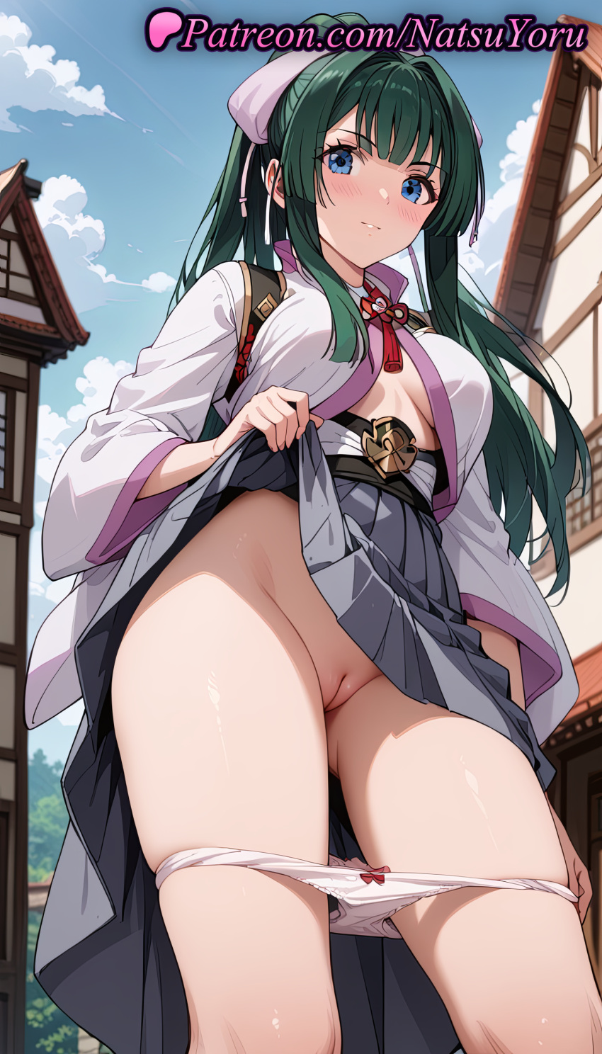1girl 2025 ai_generated anime anime_style architecture ass_visible_through_thighs bangs big_breasts blue_eyes blue_sky blunt_bangs blush bow bow_panties breasts building bust cleft_of_venus closed_mouth clothes_lift clothing cloud day east_asian_architecture exhibitionism feet_out_of_frame female_focus female_only female_solo flashing from_below green_hair grey_skirt hair_ribbon hairless_pussy hakama hakama_skirt hentai high_quality high_res high_resolution japanese_clothes kimono lifted_by_self long_hair long_sleeves looking_at_viewer medium_breasts natsuyoru no_bra open_clothes outside panties panties_down panty_pull patreon pleated_skirt ponytail public_indecency public_nudity pussy ribbon shaved_pussy shirt sidelocks skirt skirt_lift sky solo_female stable_diffusion standing tate_no_yuusha_no_nariagari the_rising_of_the_shield_hero thighs uncensored underwear viewed_from_below voluptuous voluptuous_female white_kimono white_panties wide_sleeves yomogi_emarl
