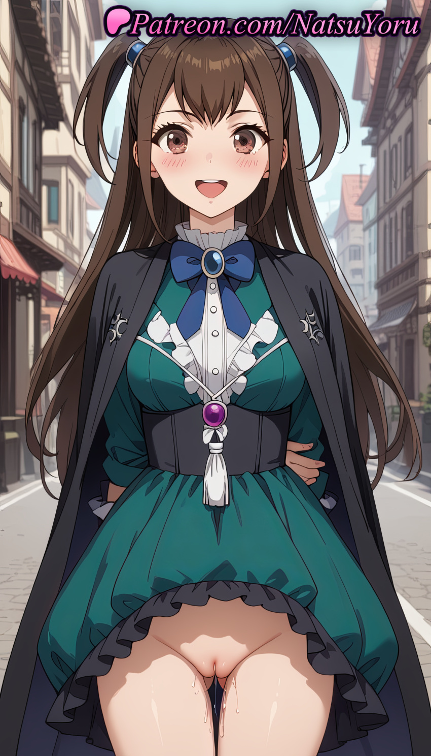1girl 2025 ai_generated anime anime_style aqua_dress arms_behind_back asian ass_visible_through_thighs bangs big_breasts black_cape black_cloak blue_bow blue_bowtie blurry blurry_background blush bow bowtie breasts brooch brown_eyes brown_hair building bust cape center_frills cleft_of_venus cloak clothes_lift clothing corset cowboy_shot day dress dress_lift east_asian exhibitionism female_focus female_only female_solo frilled_dress frills gem green_dress hair_ornament hentai high_quality high_res high_resolution jewelry kazayama_kizuna labia labia_majora long_hair long_sleeves looking_at_viewer medium_breasts natsuyoru no_panties open_mouth outside patreon public_indecency pussy pussy_juice road skirt skirt_lift sky smile solo_female stable_diffusion standing straight-on street tassel tate_no_yuusha_no_nariagari teeth the_rising_of_the_shield_hero thigh_gap twin_tails two_side_up uncensored upper_teeth_only voluptuous voluptuous_female
