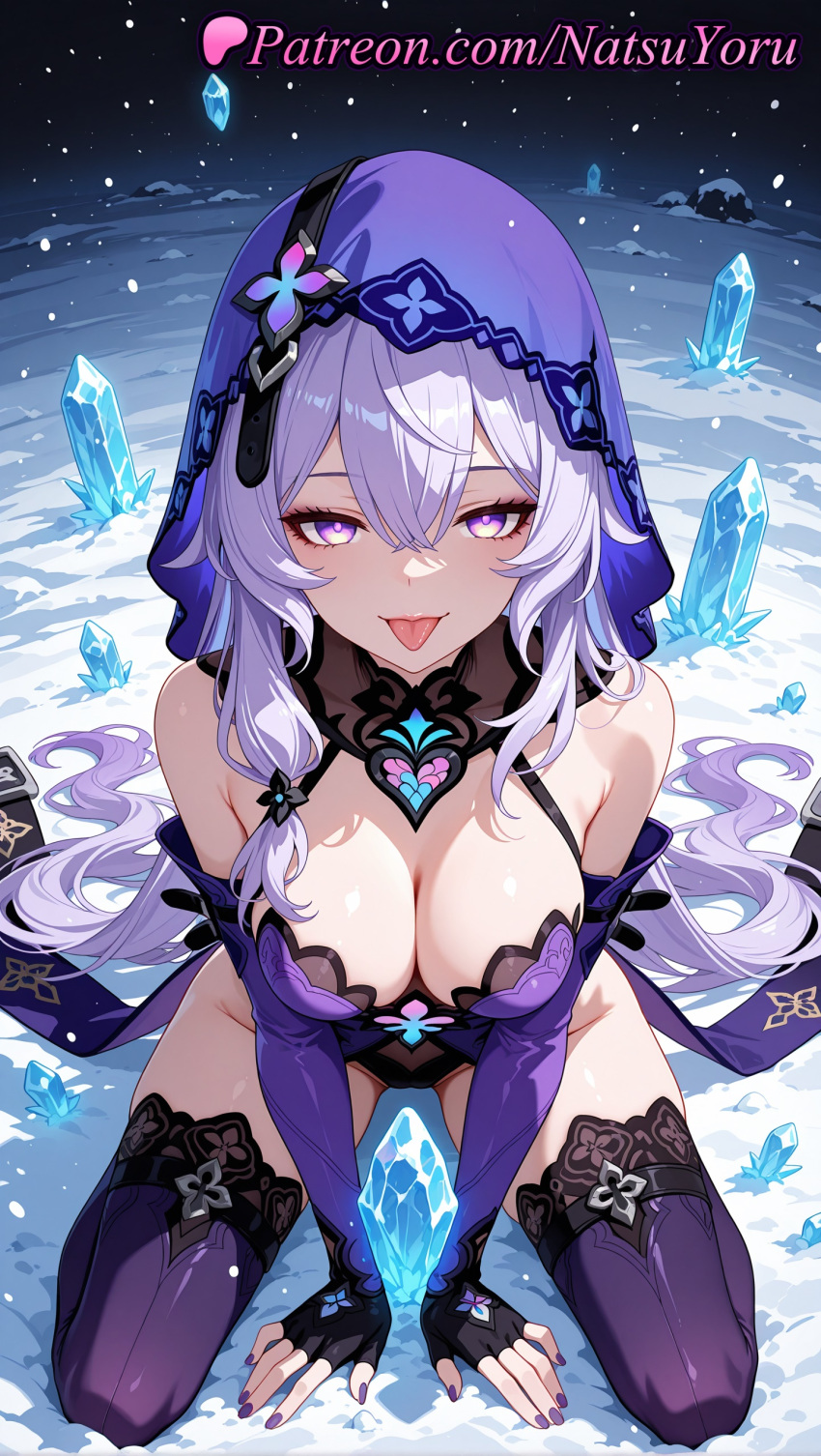 1girl 1girl 1girls 2025 ai ai_assisted ai_generated anime anime_style asian bangs bare_shoulders big_breasts big_breasts black_gloves black_swan_(honkai:_star_rail) breasts bust cleavage crystal detached_sleeves dress elbow_gloves female_focus female_only female_solo fingerless_gloves gloves hair_between_eyes hentai high_quality high_res high_res high_resolution honkai:_star_rail honkai_(series) hood hood_up hoyoverse kneel leotard long_hair looking_at_viewer nail_polish natsuyoru patreon purple_dress purple_eyes purple_gloves purple_hair purple_nails purple_thighhighs sitting sleeveless smile snow solo_female stable_diffusion stockings thighs tongue tongue_out veil very_long_hair voluptuous voluptuous_female wariza