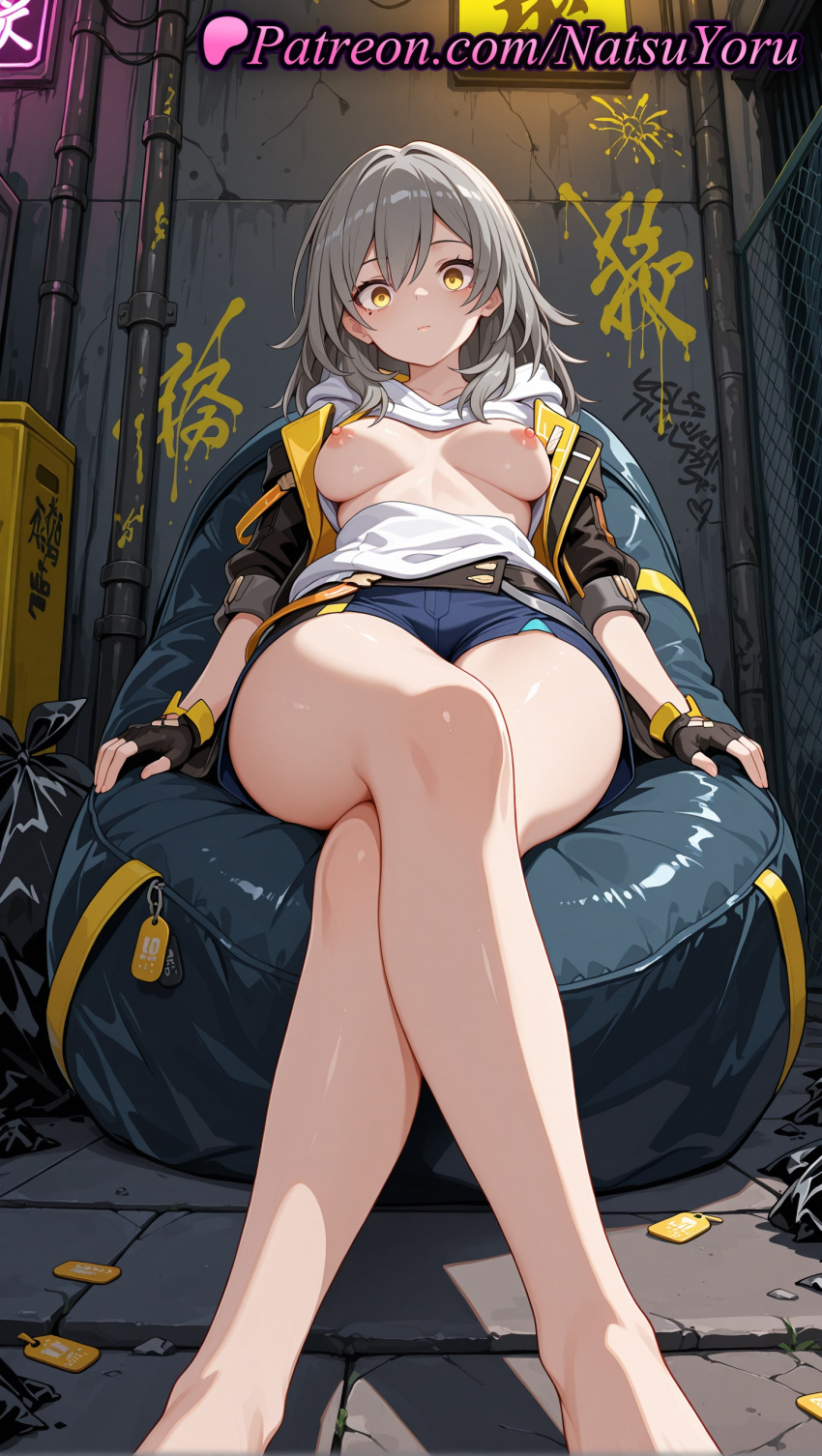 1girl 1girl 1girls 2025 ai ai_assisted ai_generated alley anime anime_style asian bag bangs bare_legs barefoot belt big_breasts black_gloves black_jacket blue_shorts blush breasts breasts_out bust closed_mouth clothes_lift coin crossed_legs feet feet_out_of_frame female_focus female_only fingerless_gloves foot_fetish gloves graffiti grey_hair hair_between_eyes hentai high_quality high_res high_res high_resolution honkai:_star_rail honkai_(series) hoyoverse jacket legs long_hair looking_at_viewer medium_breasts medium_hair natsuyoru nipples nipples_outside no_bra open_clothes open_jacket patreon shirt shirt_lift short_shorts shorts silver_hair sitting solo_female stable_diffusion stelle_(honkai:_star_rail) thighs toes trash trash_bag trash_can uncensored_nipples voluptuous voluptuous_female white_shirt yellow_eyes