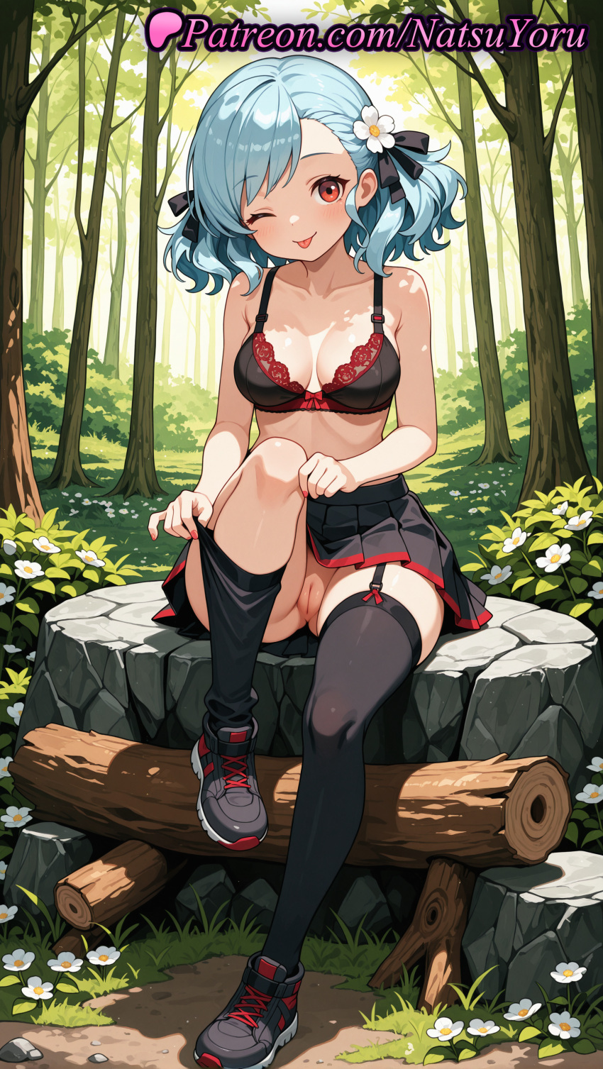 1girl 2025 ai_assisted ai_generated anime anime_style bangs bare_arms bare_shoulders big_breasts black_bra black_footwear black_legwear black_ribbon black_skirt black_thighhighs blue_hair blush bow bow_bra bra breasts bust cleavage cleft_of_venus clothes_lift collarbone day female_focus female_only female_solo flower forest full_body garter_straps girls_frontline grass hair_flower hair_ornament hair_ribbon hentai high_quality high_res high_resolution knee_up lace-trimmed_bra lace_trim legwear lifted_by_self log looking_at_viewer medium_breasts medium_hair miniskirt nail_polish natsuyoru nature no_panties no_shirt one_eye_closed outside patreon pleated_skirt pulled_by_self pussy red_bra red_eyes red_nails ribbon rock shoes short_hair single_thighhigh sitting skirt skirt_lift smile sneakers solo_female spas-12_(girls_frontline) stable_diffusion stockings swept_bangs thighhighs_pull tongue tongue_out tree tree_stump twin_tails uncensored underwear upskirt voluptuous voluptuous_female white_flower