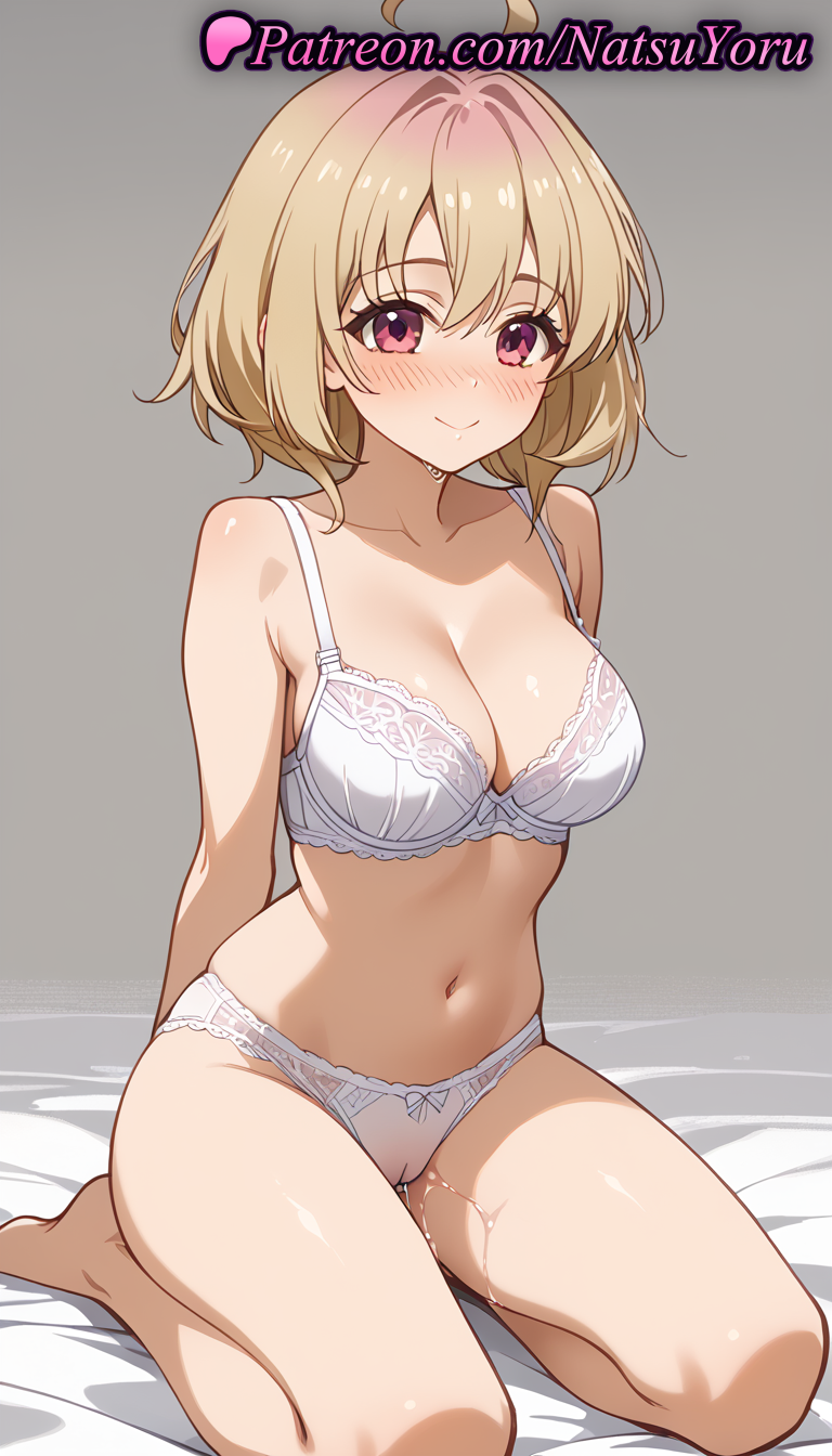 1girl 2025 ahoge ai_generated anime anime_style arms_behind_back asian bangs bare_arms bare_legs bare_shoulders barefoot bed_sheet big_breasts blonde_hair blush bow_bra bow_panties bra breasts bust cameltoe cleavage closed_mouth collarbone female_focus female_only female_solo full_body grey_background hentai high_quality high_res high_resolution kneel lingerie looking_at_viewer medium_breasts my_deer_friend_nokotan natsuyoru navel nose_blush on_bed on_knees panties patreon pussy pussy_juice pussy_juice_drip_through_clothes pussy_juice_stain red_eyes seiza shikanoko_nokonoko_koshitantan short_hair simple_background sitting smile solo_female stable_diffusion stomach tanukikouji_kinu thighs underwear underwear_only voluptuous voluptuous_female white_bra white_panties