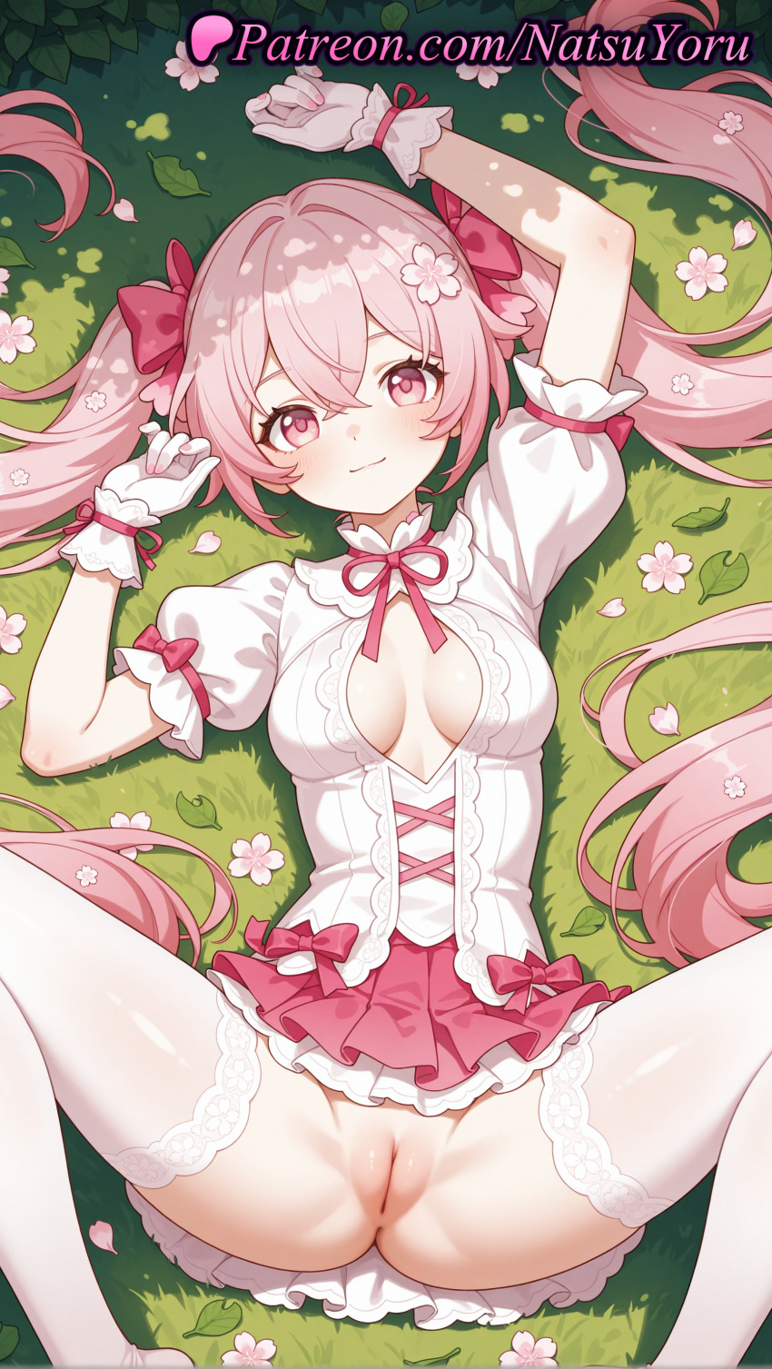 1girl 2025 ai_generated anime anime_style anus arm_up bangs big_breasts blouse blush bow breasts breasts_apart bust cleavage_cutout cleft_of_venus closed_mouth clothing clothing_cutout dress feet_out_of_frame female_focus female_only flower frilled_skirt frills gloves grass hair_between_eyes hair_bow hair_flower hair_ornament hentai high_quality high_res high_resolution hololive hololive_gamers hololive_gen_0 hololive_gen_1 hololive_japan leaf long_hair looking_at_viewer lying m_legs medium_breasts miniskirt natsuyoru neck_ribbon no_panties on_back on_grass outside paipan patreon petals pink_bow pink_eyes pink_hair pink_skirt pleated_skirt puffy_short_sleeves puffy_sleeves pussy ribbon sakura_miko shirt short_sleeves skirt smile solo_female spread_legs stable_diffusion stockings twin_tails uncensored very_long_hair voluptuous voluptuous_female white_gloves white_legwear white_shirt white_thighhighs