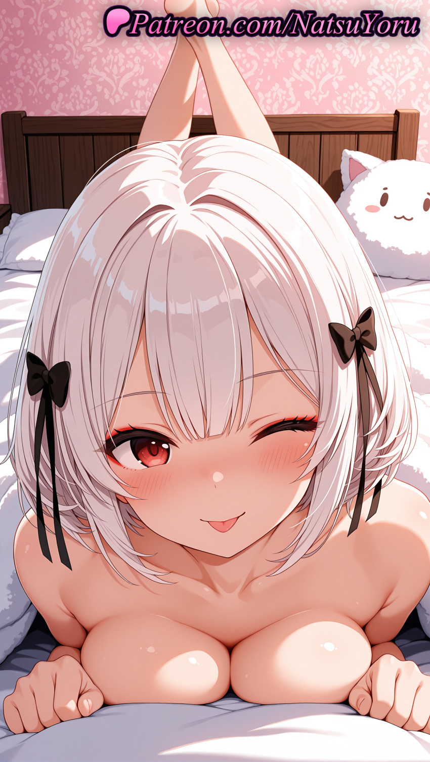 1girl 1girl 1girls 2025 ai ai_assisted ai_generated anime anime_style asian azur_lane bangs barefoot bed bed_sheet bedroom big_breasts big_breasts black_bow black_ribbon blanket blush bow breast_press breasts bust cleavage closed_mouth collarbone completely_nude feet_up female_focus female_only hair_bow hair_ribbon hair_ribbons hentai high_quality high_res high_res high_resolution indoors looking_at_viewer lying makeup medium_breasts natsuyoru nude nude_female on_bed on_stomach one_eye_closed patreon pillow pov red_eyes ribbon short_hair sirius_(azur_lane) smile solo_female stable_diffusion stuffed_animal stuffed_cat stuffed_toy the_pose tongue tongue_out under_covers voluptuous voluptuous_female white_hair
