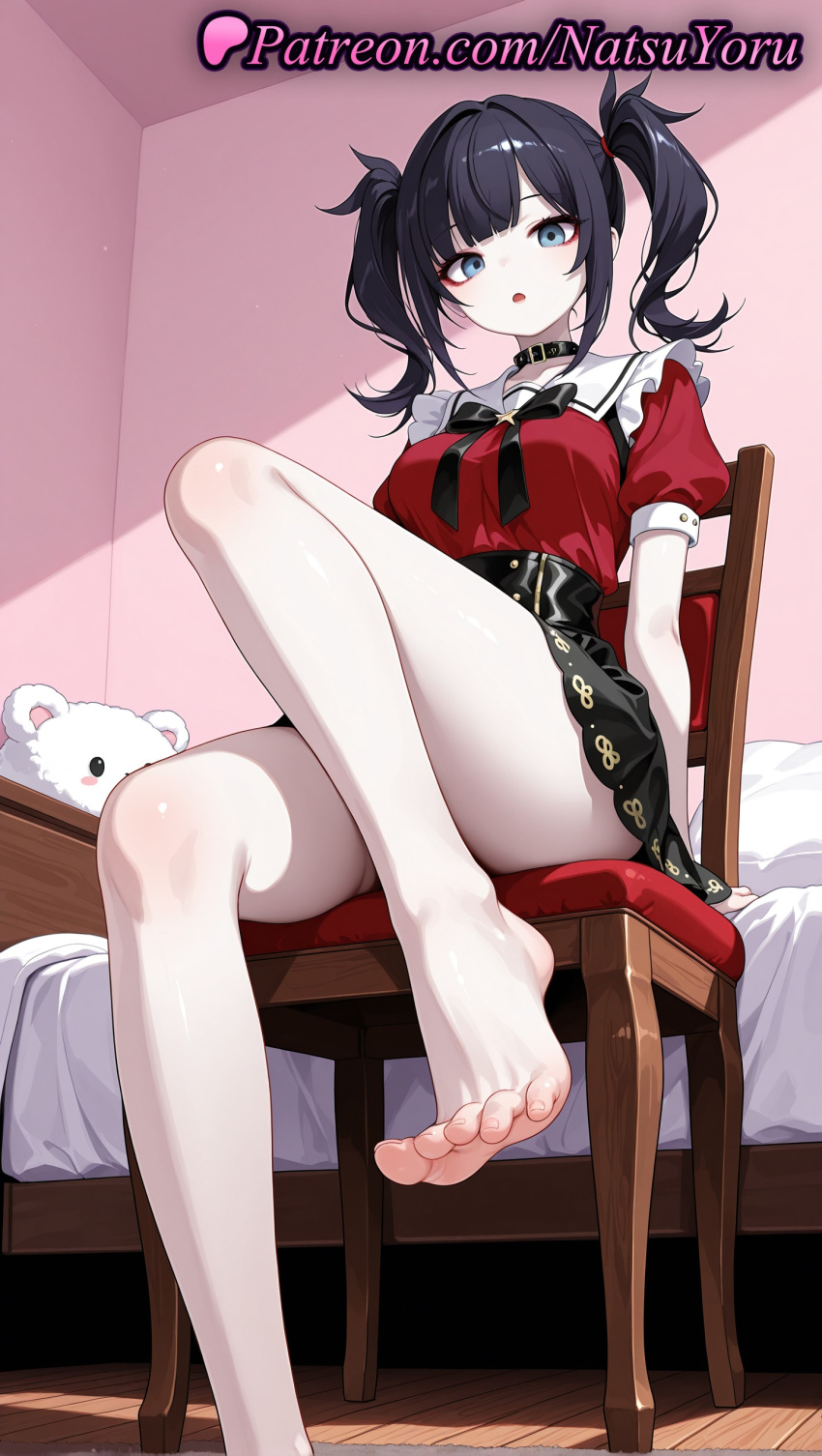 1girl 1girl 1girls 2025 ai ai_assisted ai_generated ame-chan anime anime_style arm_support asian bangs bare_legs barefoot bed bedroom belt big_breasts black_bow black_bowtie black_choker black_collar black_eyes black_hair black_skirt blue_eyes blunt_bangs bow bowtie breasts bust chair choker collar convenient_leg eyeshadow feet female_focus female_only foot_fetish foot_focus foot_out_of_frame foreshortening frills from_below greek_toe hair_tie hentai high-waist_skirt high_quality high_res high_res high_resolution indoors jirai_kei knee_up koikatsu leg_lift legs lipstick long_hair looking_at_viewer makeup medium_breasts medium_hair miniskirt nail_polish natsuyoru needy_girl_overdose needy_streamer_overload on_bed on_chair open_mouth pale_skin patreon pov_feet presenting_foot puffy_short_sleeves puffy_sleeves red_shirt ribbon sailor_collar sheer_legwear shirt shirt_tucked_in short_sleeves sidelocks sitting skirt soles solo_female spiked_collar spikes stable_diffusion stuffed_animal stuffed_toy teddy_bear thighs toenail_polish toenails toes twin_tails voluptuous voluptuous_female wooden_chair wooden_floor