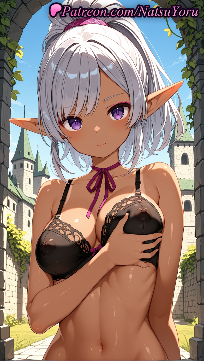 1girl 1girl 1girls 2025 ai ai_assisted ai_generated aisha_udgard anime anime_style arch asian bangs bare_arms bare_shoulders big_breasts big_breasts black_bra blue_sky blush bra breasts bust castle choker cleavage closed_mouth collarbone covered_nipples dark-skinned_female dark_elf dark_skin day elf elf_ears female_focus female_only genjitsu_shugi_yuusha_no_oukoku_saikenki grabbing_own_breast grey_hair hair_ornament hair_scrunchie hentai high_ponytail high_quality high_res high_res high_resolution lace-trimmed_bra linea_alba lingerie long_hair long_pointy_ears looking_at_viewer makeup medium_breasts medium_hair natsuyoru navel neck_ribbon nipples nipples_outside oiled outside patreon pointed_ears pointy_ears ponytail purple_choker purple_eyes purple_ribbon ribbon ribbon_choker scrunchie see-through sidelocks silver_hair sky smile solo_female stable_diffusion stomach tan tan_line tanned uncensored_nipples underwear underwear_only upper_body voluptuous voluptuous_female white_hair