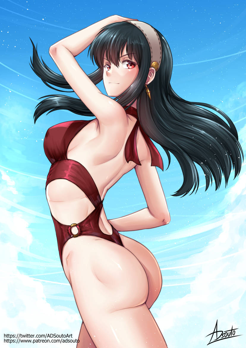 1girl adsouto alluring ass big_breasts bikini black_hair clouds earrings hairband long_hair looking_at_viewer milf o-ring_swimsuit one-piece_swimsuit outside red_eyes red_one-piece_swimsuit red_swimsuit spy_x_family swimsuit yor_briar yor_forger