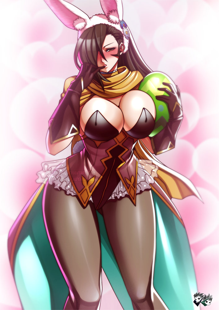 1girl abstract_background alluring alternate_costume animal_ears big_breasts black_hair blush brown_eyes bursting_breasts cleavage easter_egg egg fake_animal_ears female_focus finger_to_mouth fire_emblem fire_emblem_fates fire_emblem_heroes gloves intelligent_systems jadenkaiba kagero_(fire_emblem) kunoichi leotard long_hair looking_at_viewer nintendo pantyhose playboy_bunny rabbit_ears scarf thigh_gap thighs