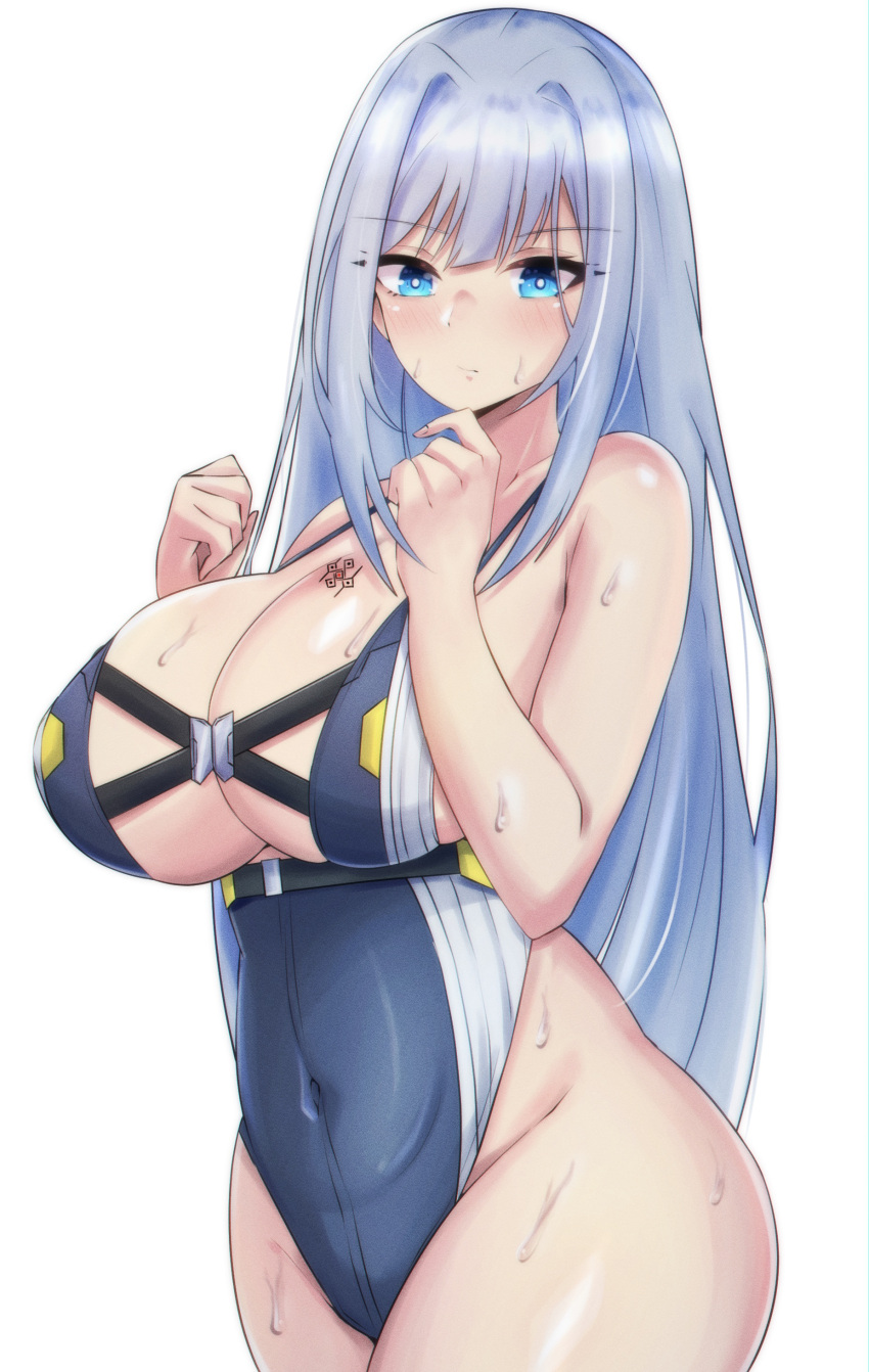 1girl absurd_res alluring alternate_costume big_breasts blue_eyes breast_tattoo ethel_(xenoblade) grey_hair high_res highleg highleg_one-piece_bikini latte_(latte_daruta2) latte_daruta2 long_hair one-piece_bikini simple_background swimsuit tattoo very_long_hair white_background xenoblade_(series) xenoblade_chronicles_3