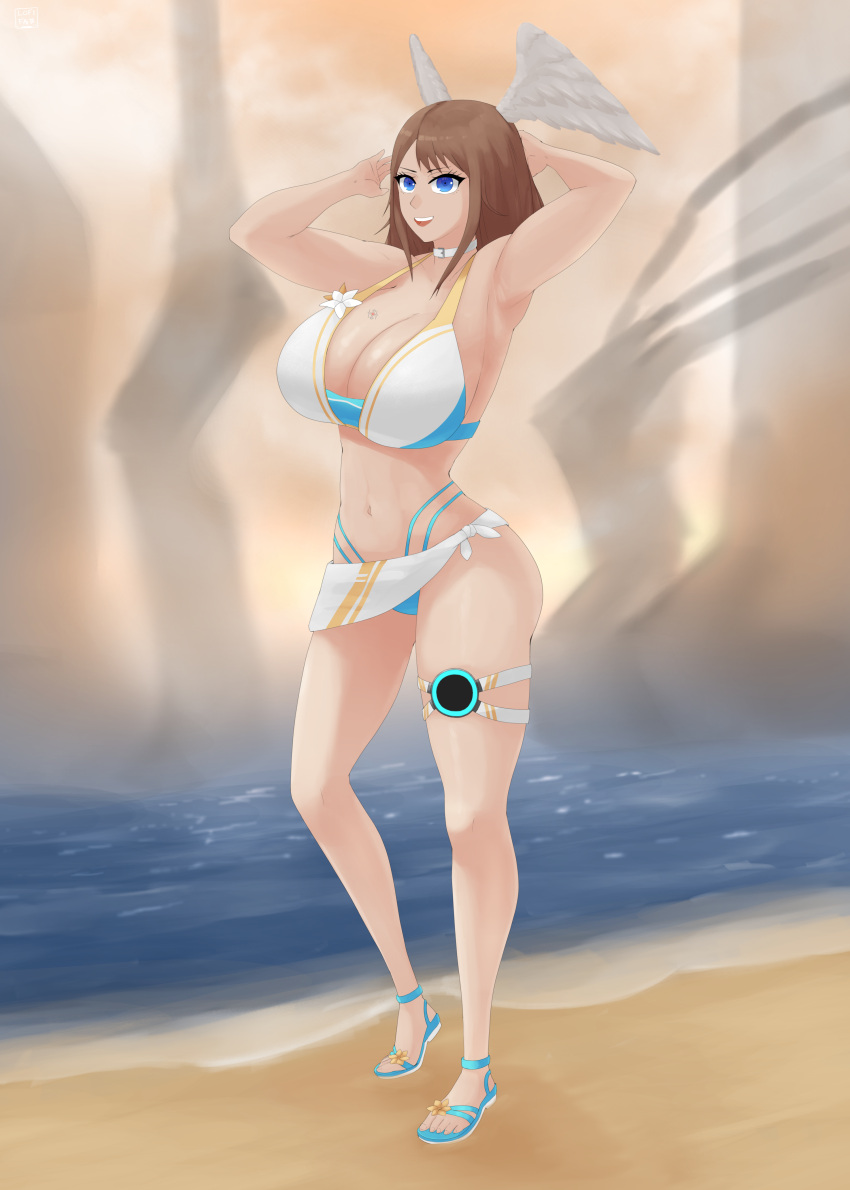 1girl alluring arms_behind_head arms_up beach big_breasts bikini blue_eyes breast_tattoo brown_hair cleavage eunie_(xenoblade) feet head_wings high_res lofifab navel ocean official_alternate_costume open_mouth sarong smile stomach swimsuit tattoo teeth thong_bikini tongue water wings xenoblade_(series) xenoblade_chronicles_3