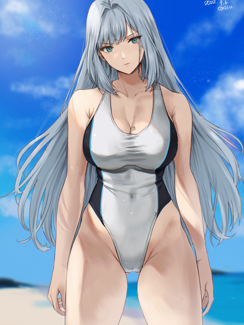 1girl alluring beach big_breasts black_one-piece_bikini blue_sky chest_tattoo cleavage closed_mouth collarbone competition_swimsuit covered_navel cowboy_shot ethel_(xenoblade) grey_eyes grey_hair grey_one-piece_bikini head_tilt high_res highleg highleg_one-piece_bikini long_hair ocean one-piece_bikini one-piece_swimsuit sky swimsuit tattoo two-tone_swimsuit xenoblade_(series) xenoblade_chronicles_3 yamamori_kinako
