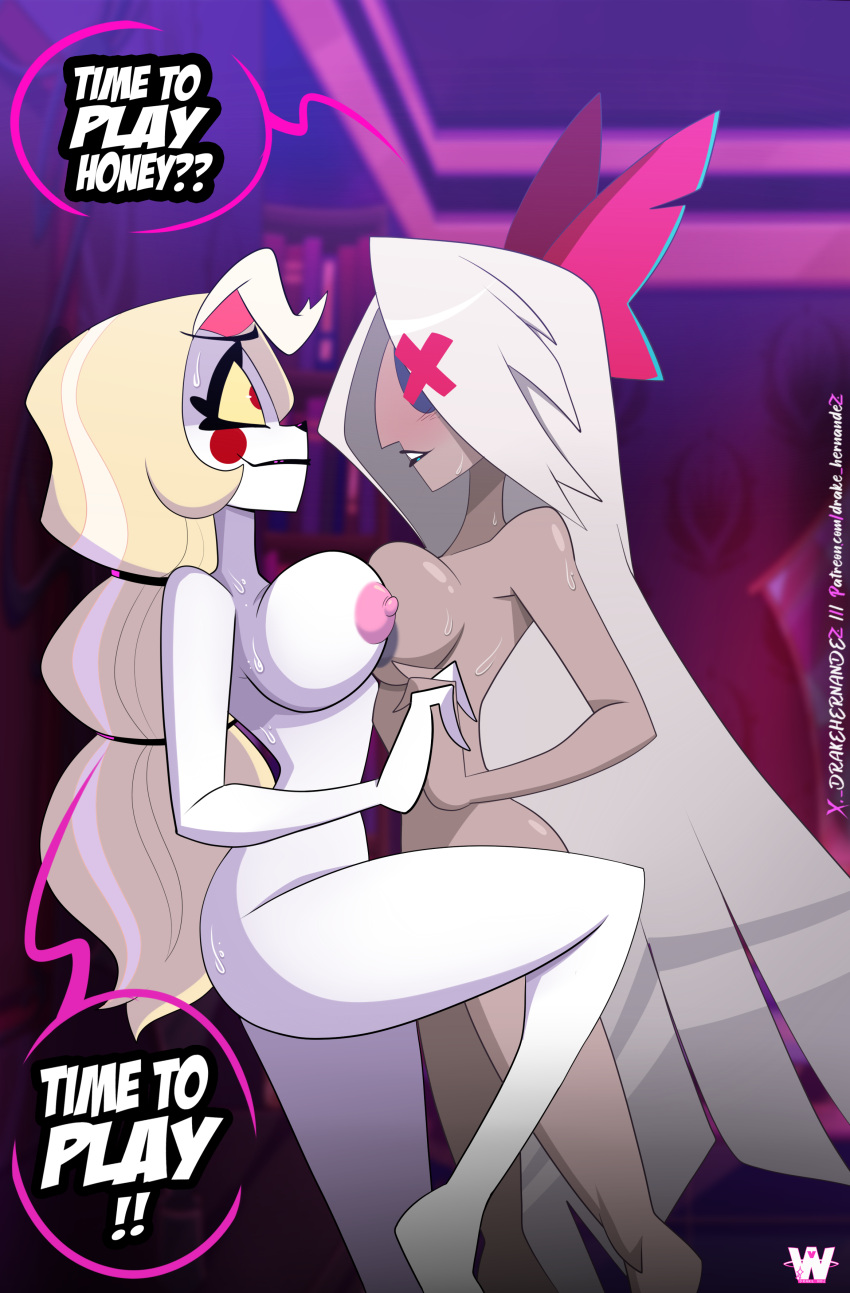 2_girls alluring bare_legs big_breasts charlie_morningstar_(hazbin_hotel) completely_nude great_dude hazbin_hotel imminent_kiss imminent_sex nude vaggie_(hazbin_hotel) yuri