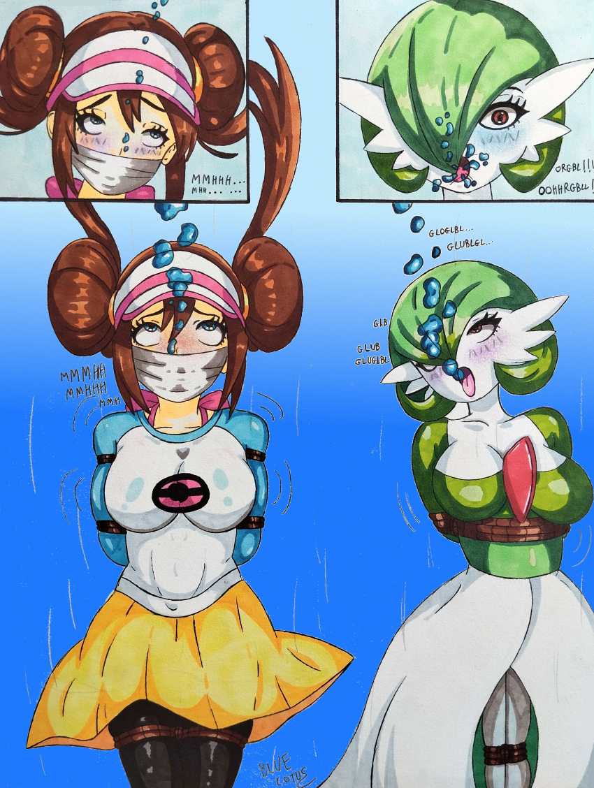 2girls bad_end bad_ending big_breasts blue-lotus bondage bound bound_and_gagged damsel_in_distress drowning female gagged gardevoir nintendo otm_gag peril pokemon pokemon_bw2 rosa_(pokemon) ryona tied_up traditional_art underwater underwater_peril
