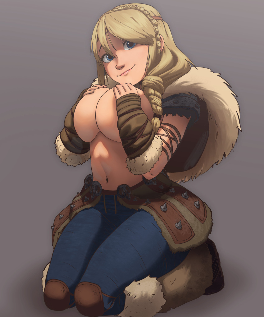 1girl astrid_hofferson blonde_female blonde_hair blonde_hair_female blue_eyes breasts breasts_out coolerinker curvaceous curvaceous_body curves curvy curvy_body curvy_female curvy_figure dreamworks exposed exposed_breasts exposed_midriff exposed_torso female_only grin happy happy_female hourglass_figure how_to_train_your_dragon inker_comics inkershike kneel light-skinned_female light_skin midriff on_knees partially_clothed partially_clothed_female smile solo_female torso voluptuous voluptuous_female
