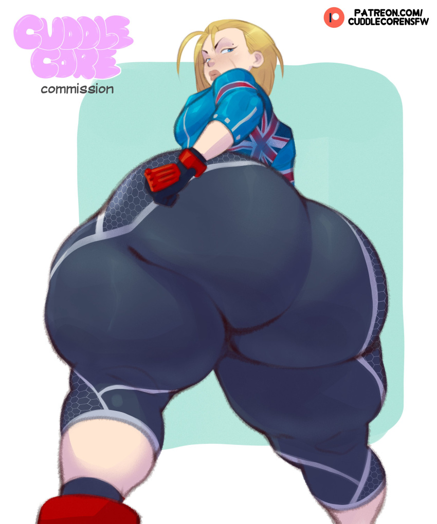 1girl blonde_hair blue_eyes cuddlecore looking_back low-angle_view thick thick_ass thick_hips thick_legs thick_thighs wide_hips