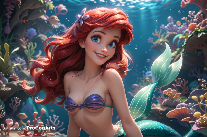 1girl ai_generated air_bubble artist_name bare_shoulders bikini bikini_top_only blue_eyes breasts bubble cleavage collarbone coral deviantart_username disney disney_princess female fins fish grin hair_ornament high_res light_rays lips long_hair looking_at_viewer medium_breasts mermaid monster_girl parted_lips princess_ariel progenarts red_hair shell shell_bikini small_breasts smile solo sunlight swimsuit teeth the_little_mermaid the_little_mermaid_(1989_film) underwater upper_body watermark web_address