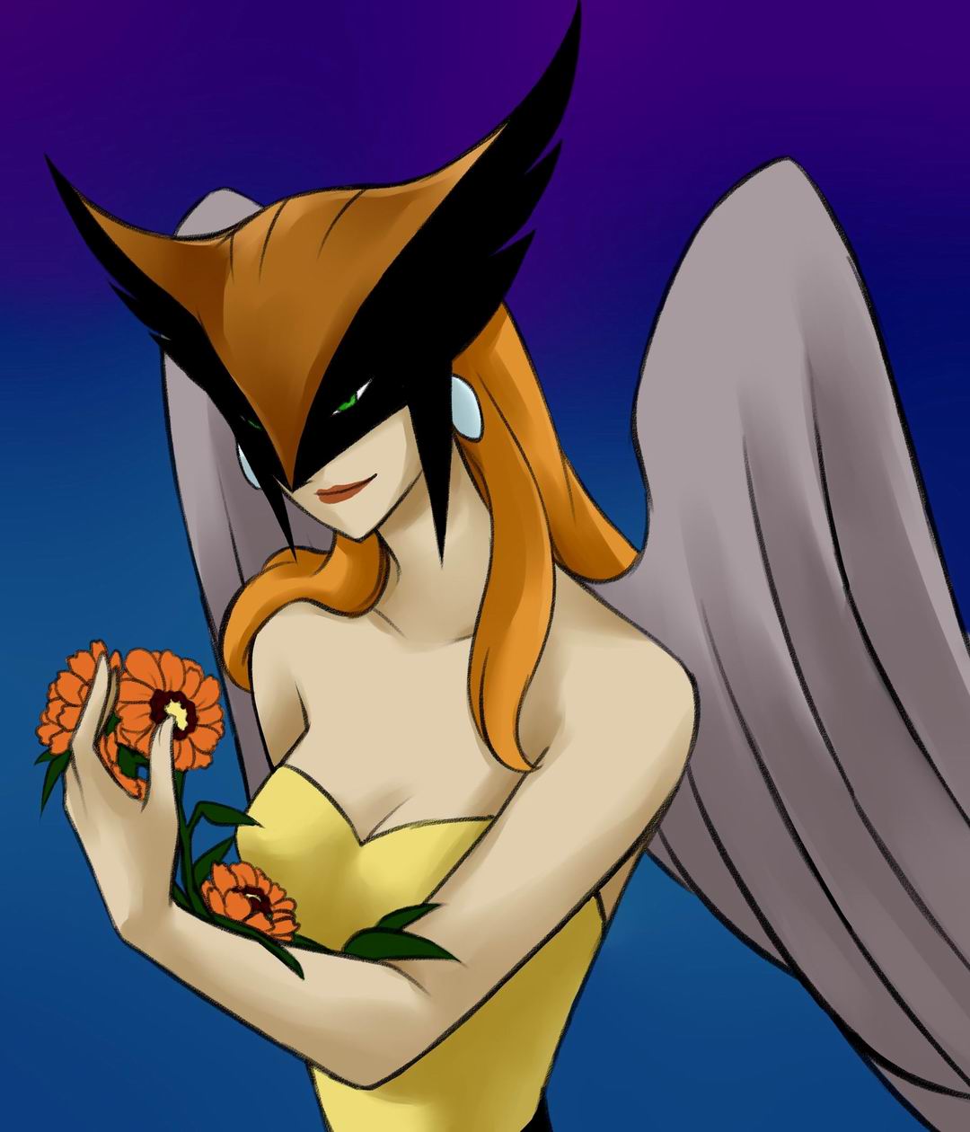 1girl artist_request bare_shoulders blue_background breasts cleavage closed_mouth collarbone dc_comics dcau earrings feathered_wings female_only female_solo flower green_eyes grey_wings half-closed_eyes hawkgirl head_down holding holding_flower jewelry justice_league justice_league_unlimited lips lipstick long_hair looking_at_flower looking_at_object makeup mask medium_breasts neck orange_hair red_lipstick shayera_hol sidelocks simple_background smile straight_hair strapless superheroine tubetop wings yellow_tubetop