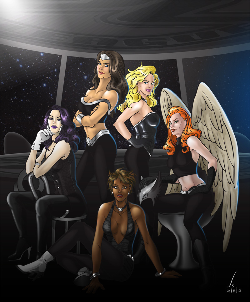 5girls alternate_costume amazon artist_request bangs bare_arms bare_shoulders big_breasts black_canary black_choker black_gloves black_hair black_tubetop blonde_female blonde_hair blue_eyes bracelet bracer breasts brown_eyes brown_hair choker cleavage crossed_arms dark-skinned_female dark_skin dc_comics dcau diana_prince dinah_lance earrings female_only gloves green_eyes grin half-closed_eyes hawkgirl headpiece indoors jewelry justice_league justice_league_unlimited lips lipstick long_hair looking_at_viewer magician makeup mari_jiwe_mccabe medium_breasts midriff multiple_girls naughty_face navel neck necklace off_shoulder on_floor orange_hair outer_space parted_bangs parted_lips pink_lipstick purple_hair purple_lipstick red_lipstick revealing_clothes shayera_hol short_hair sitting sitting_on_floor sleeveless sleeveless_turtleneck smile standing straight_hair strap_slip strapless superheroine tiara tubetop turtleneck wavy_hair white_gloves wonder_woman wonder_woman_(series) zatanna zatanna_zatara