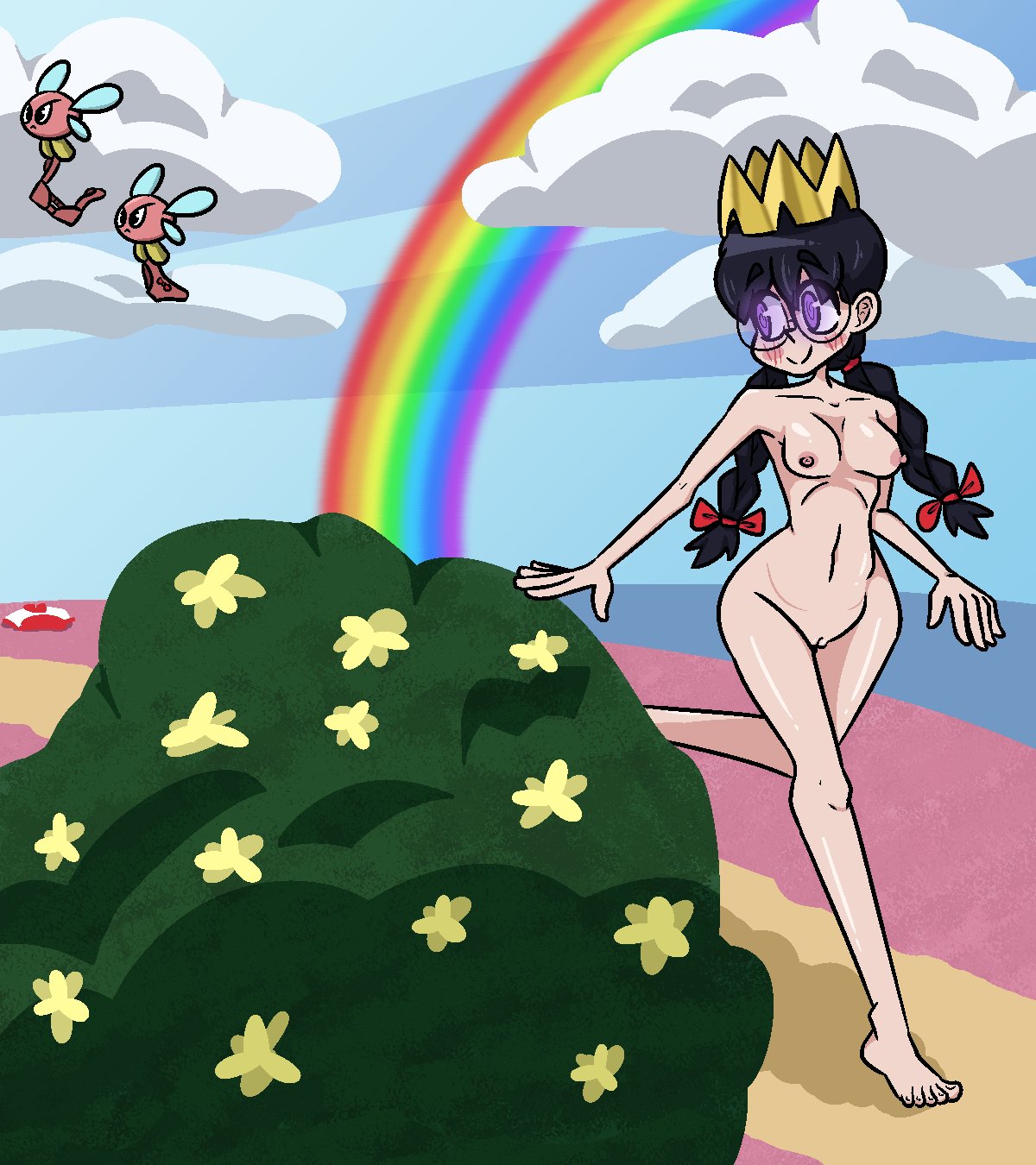 1girl 2023 black_hair breasts completely_nude completely_nude_female crown fairy fairy_queen female_focus female_only full_body glasses hair_ribbon high_res hypnosis kirby_(series) mind_control naked_female nintendo nude nude_female outside petite purple_eyes queen_ripple rainbow small_breasts solo_female strawberriexe twin_braids walking wide_hips