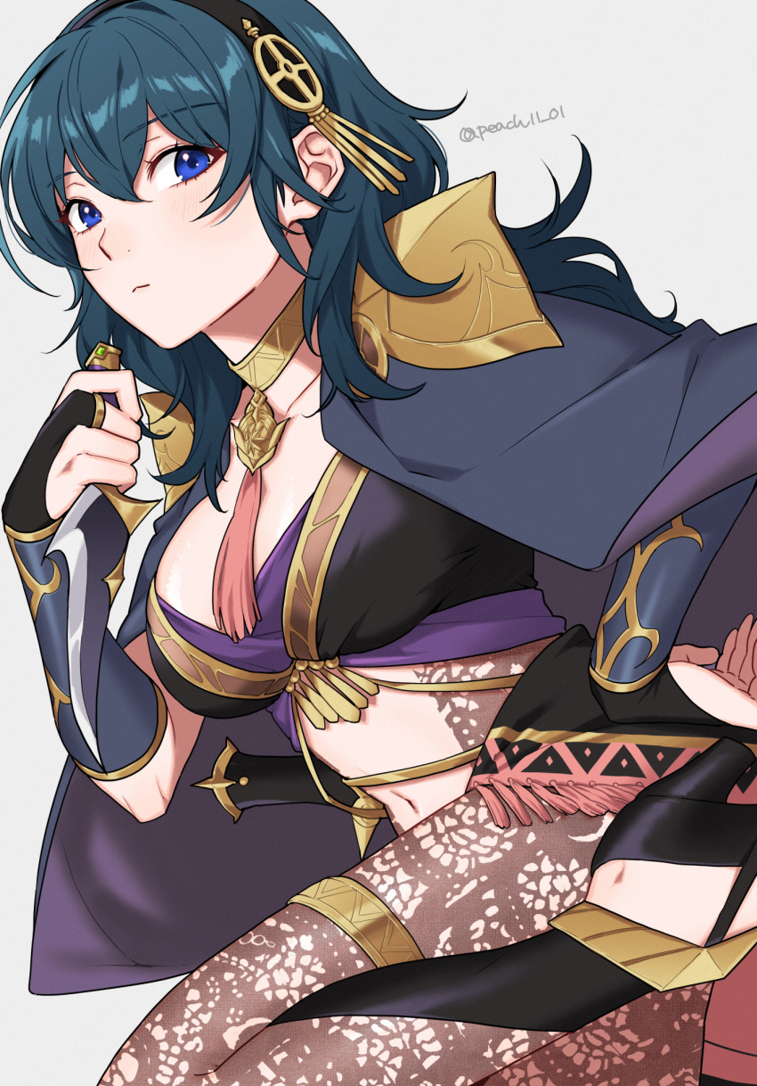 1girl alluring black_footwear black_hairband blue_eyes byleth_(fire_emblem) byleth_(fire_emblem)_(female) byleth_(jehanna)_(fire_emblem_(female) cape choker fire_emblem fire_emblem:_three_houses fire_emblem_heroes grey_background hairband hand_up high_res long_hair looking_at_viewer medium_breasts midriff navel nintendo official_alternate_costume pantyhose peach11_01 simple_background stomach teal_hair thighs